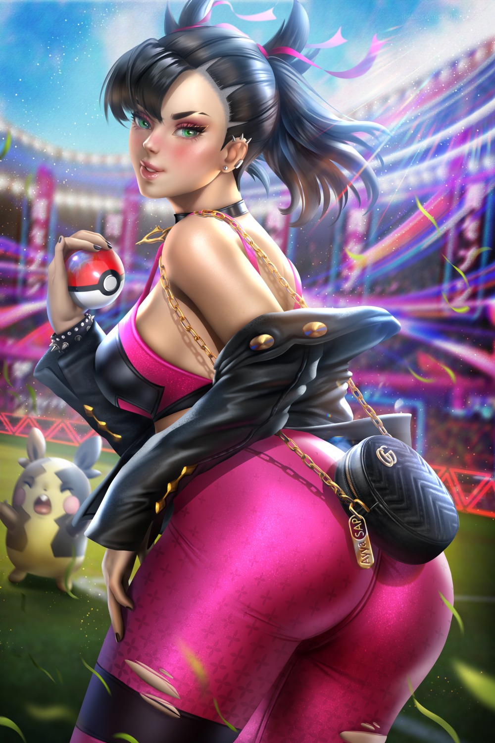 ass ayyasap bra mary_(pokemon) morpeko open_shirt pokemon pokemon_swsh possible_duplicate torn_clothes