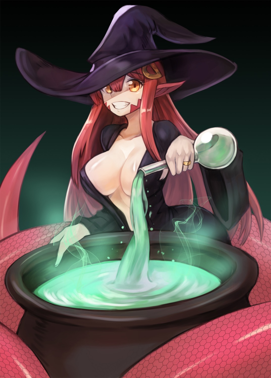 cleavage miia_(monster_musume) monster_girl monster_musume_no_iru_nichijou no_bra open_shirt pointy_ears sookmo tail witch