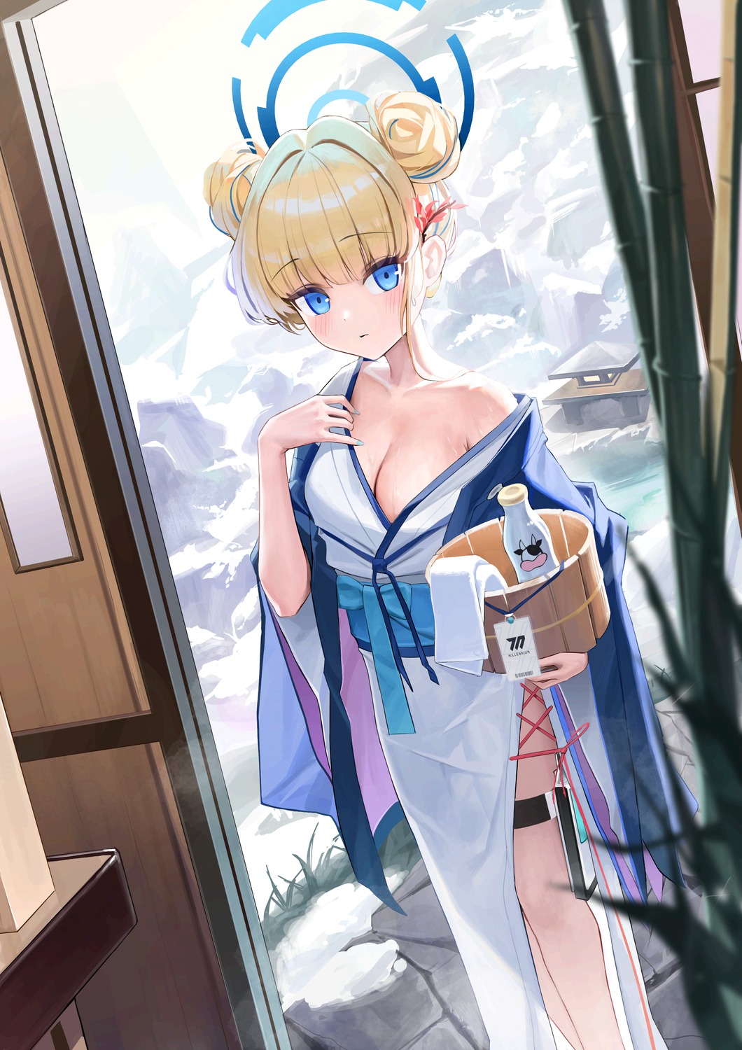 asuma_toki blue_archive fogeun garter halo no_bra onsen open_shirt undressing yukata