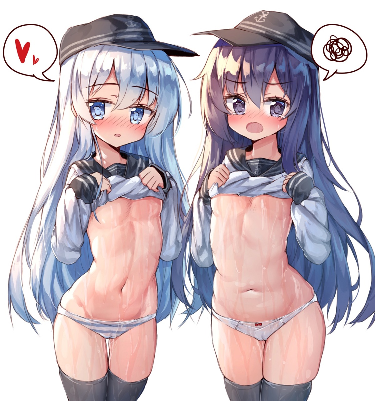 akatsuki_(kancolle) cameltoe hibiki_(kancolle) kantai_collection loli no_bra pantsu seifuku shimapan shirt_lift tandohark thighhighs underboob wet