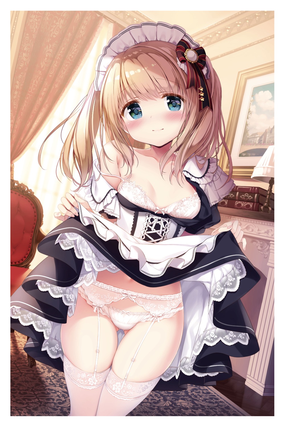 bra garter_belt kimishima_ao lingerie maid momoi_saki open_shirt pantsu skirt_lift stockings thighhighs