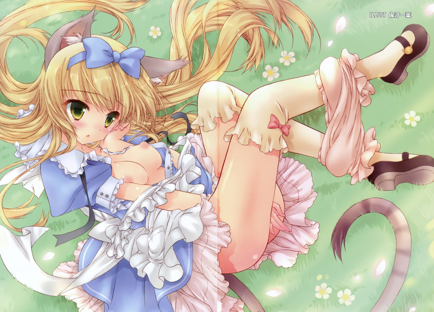 animal_ears bloomers breasts crease dress fixme gap hotei_kazuha nekomimi nipples open_shirt panty_pull tail thighhighs