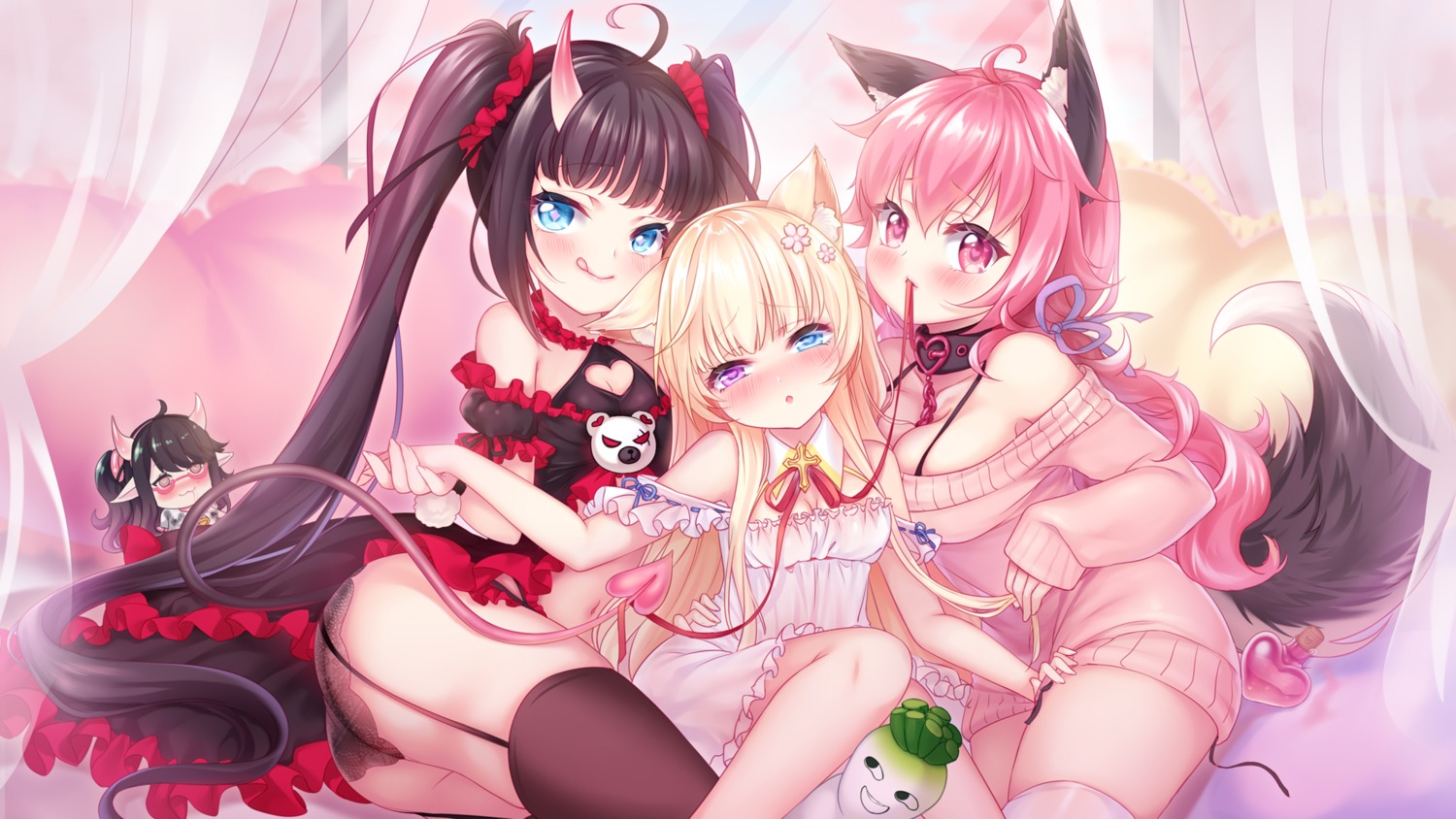 animal_ears ass bra cleavage dress horns lang_yao lingerie megane pointy_ears see_through stockings sweater tail thighhighs