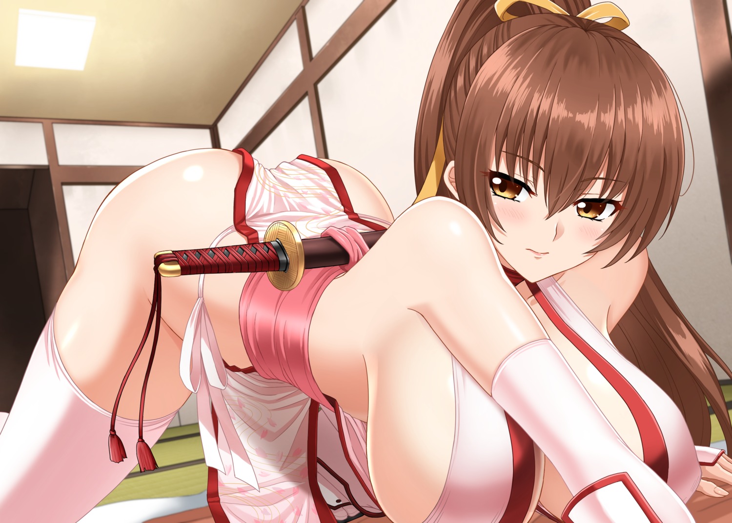 dead_or_alive hellandheaven japanese_clothes kasumi no_bra pantsu skirt_lift string_panties sword thighhighs