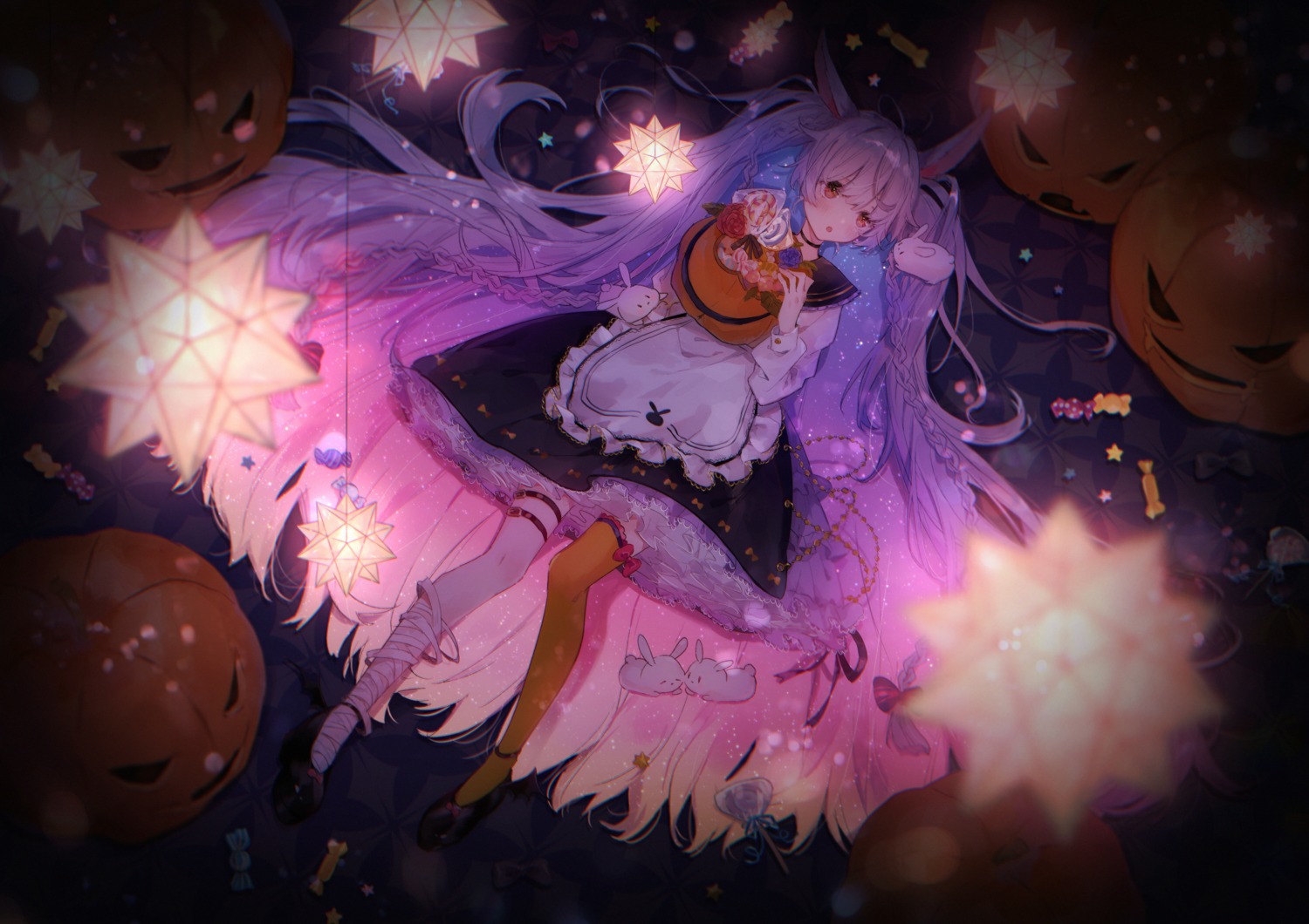 animal_ears bandages bunny_ears dress garter halloween necojishi thighhighs