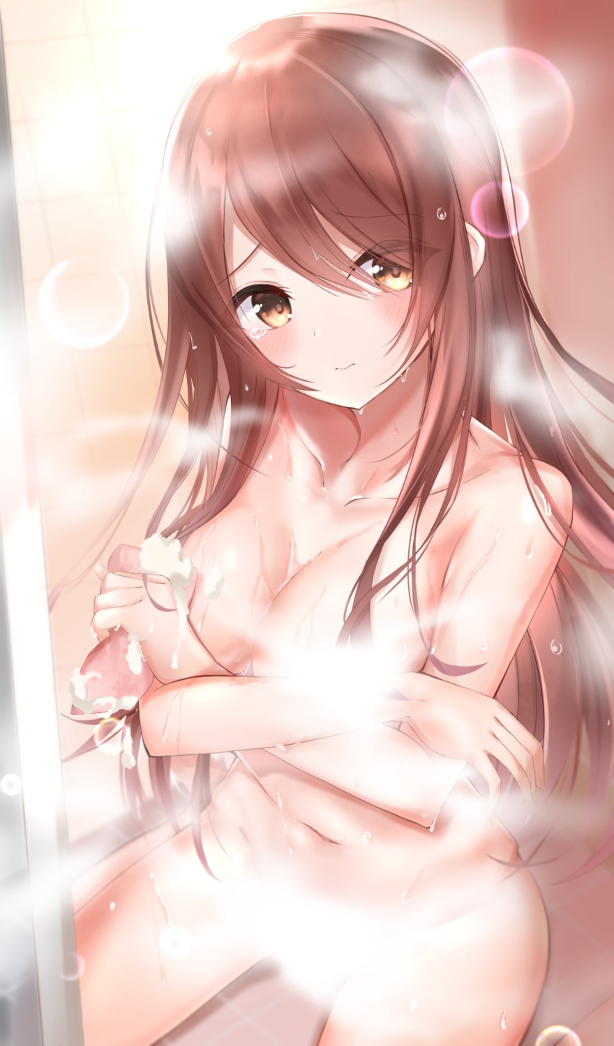 bathing breast_hold censored cream maddo_(gasser_0518) naked oosaki_tenka the_idolm@ster the_idolm@ster_shiny_colors wet