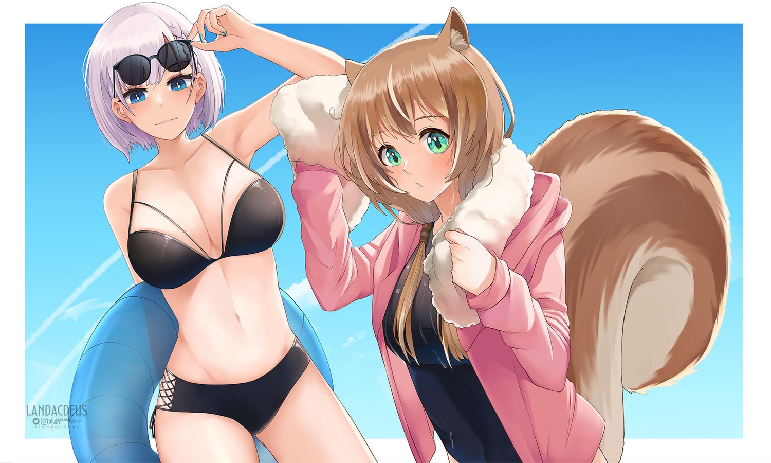 andacdeus animal_ears ayunda_risu bikini hololive hololive_indonesia megane pavolia_reine swimsuits tail towel wet