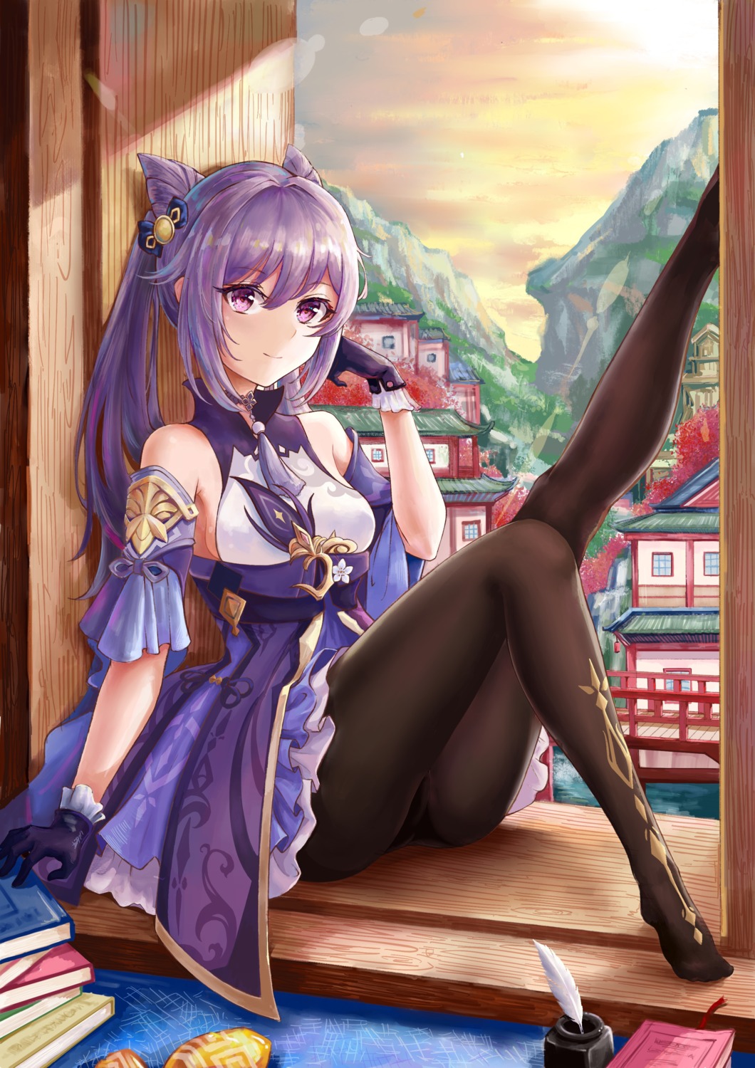 asian_clothes genshin_impact keqing pantyhose setsu_(qjsj1993aa) skirt_lift