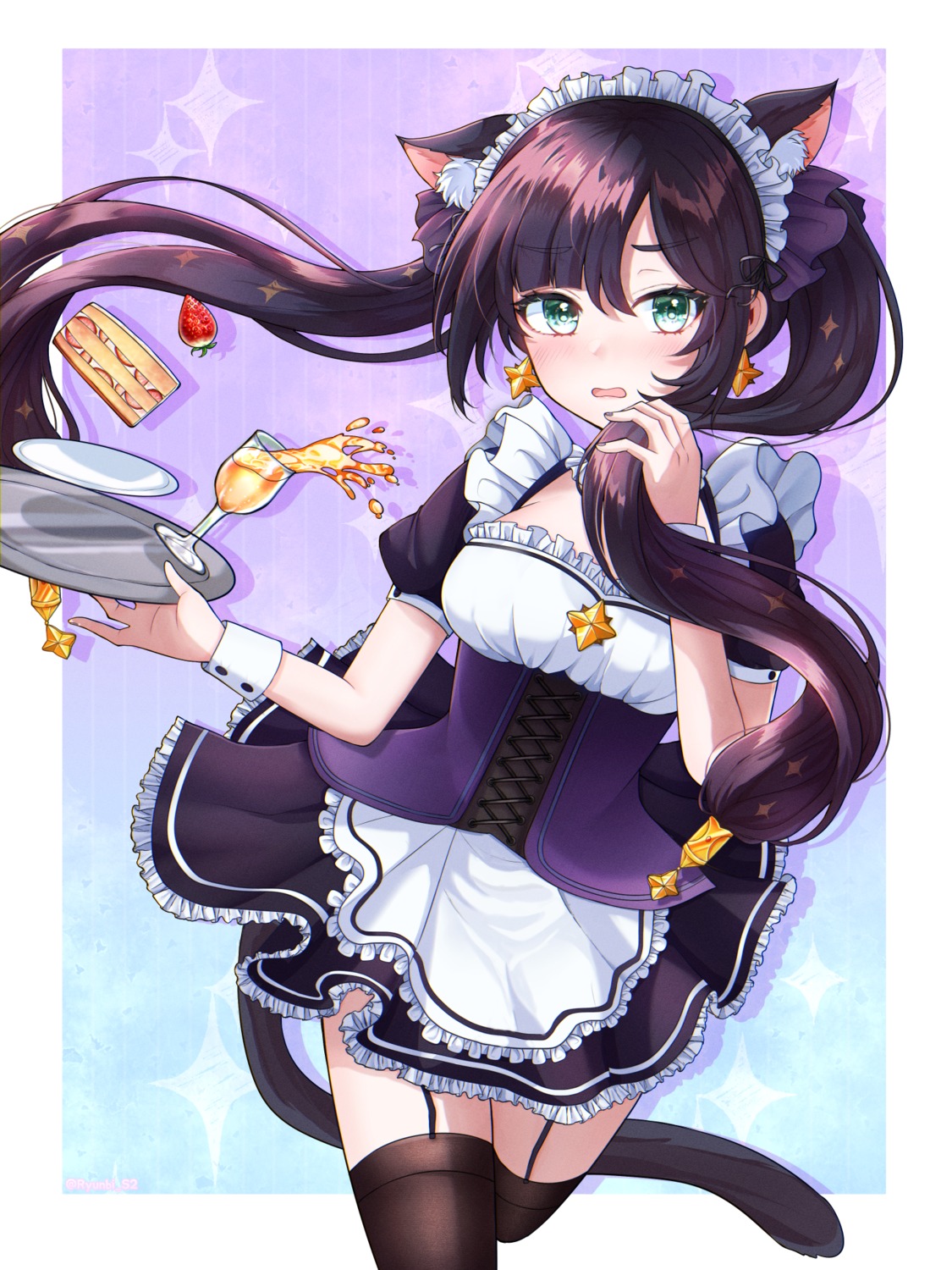 animal_ears genshin_impact maid mona_megistus nekomimi ryunbi skirt_lift stockings tail thighhighs