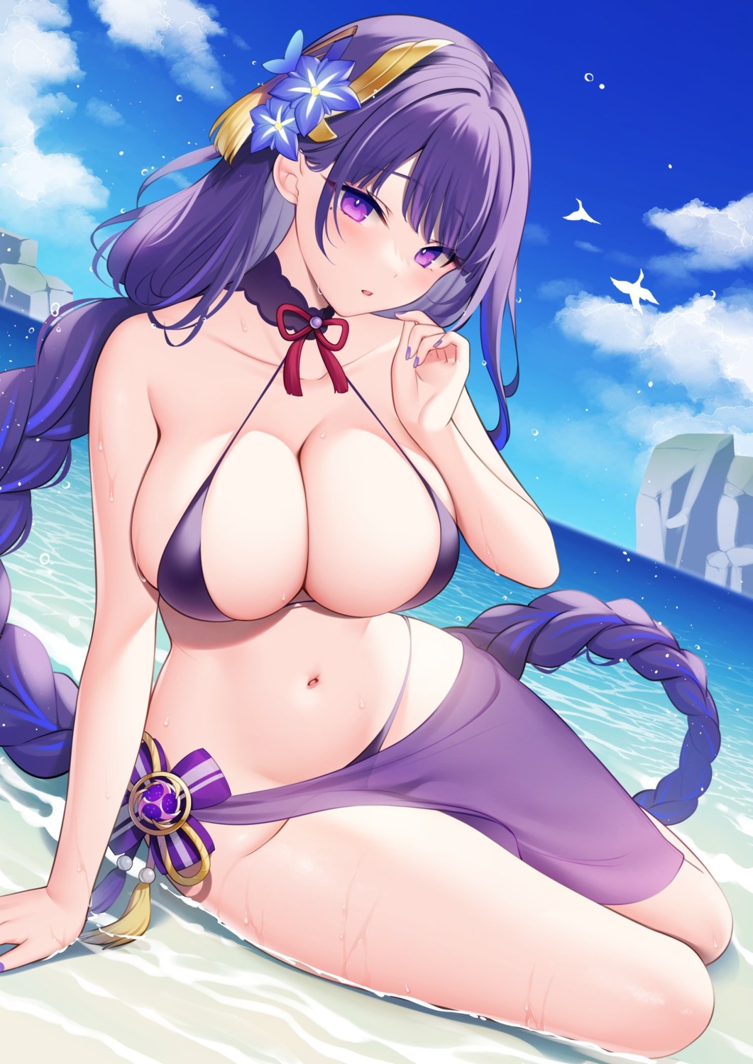 bikini genshin_impact miko_92 raiden_shogun see_through swimsuits wet