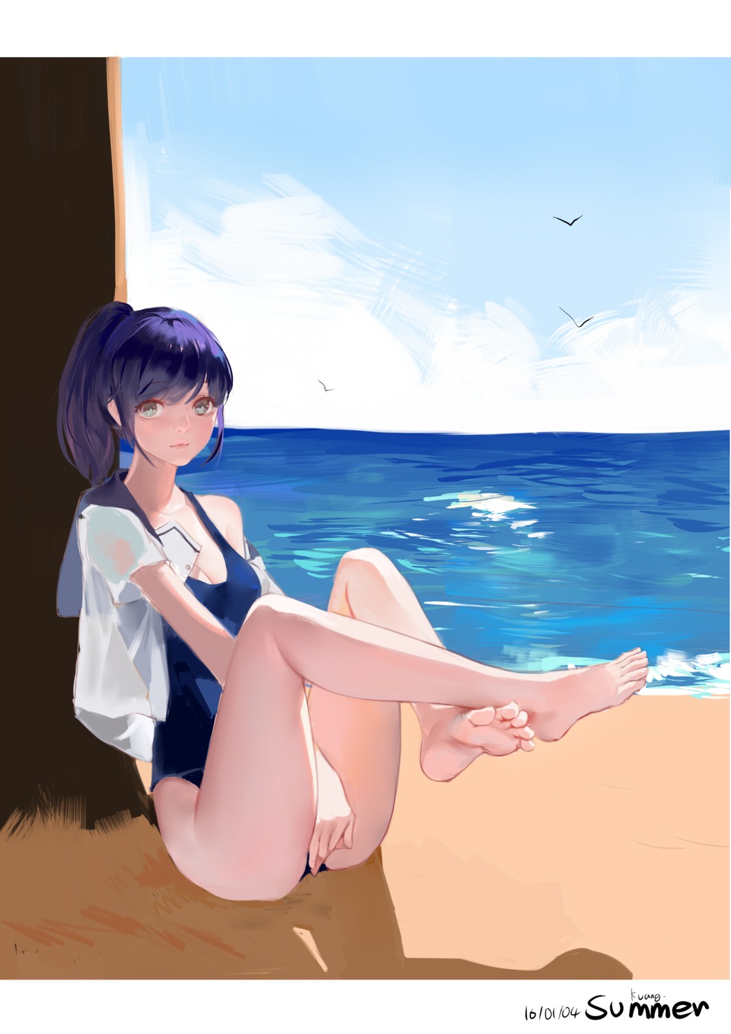 cleavage feet kamachi_kamachi-ko open_shirt seifuku swimsuits