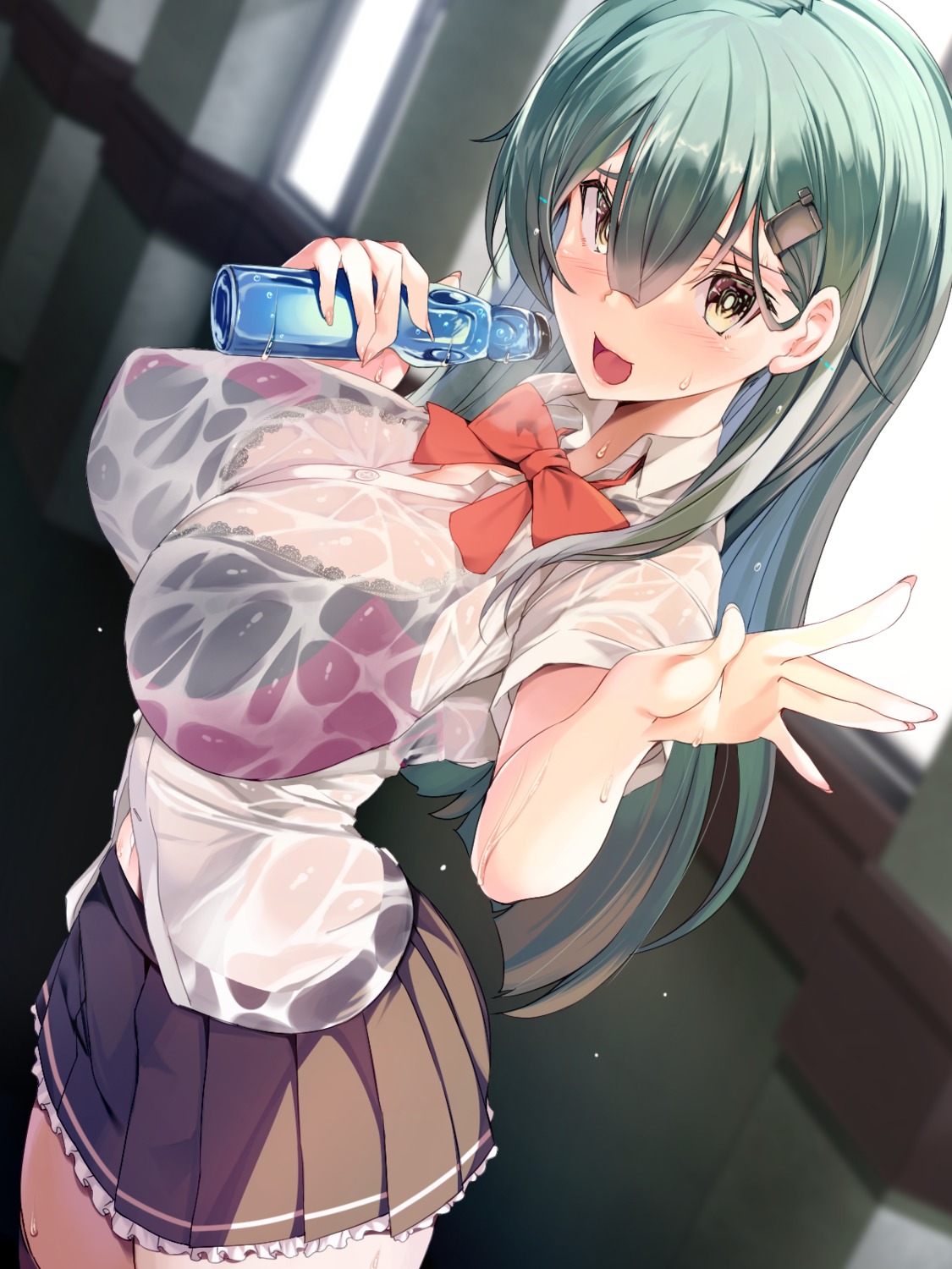 bra erect_nipples kantai_collection see_through seifuku suzuya_(kancolle) thighhighs torisan wet wet_clothes