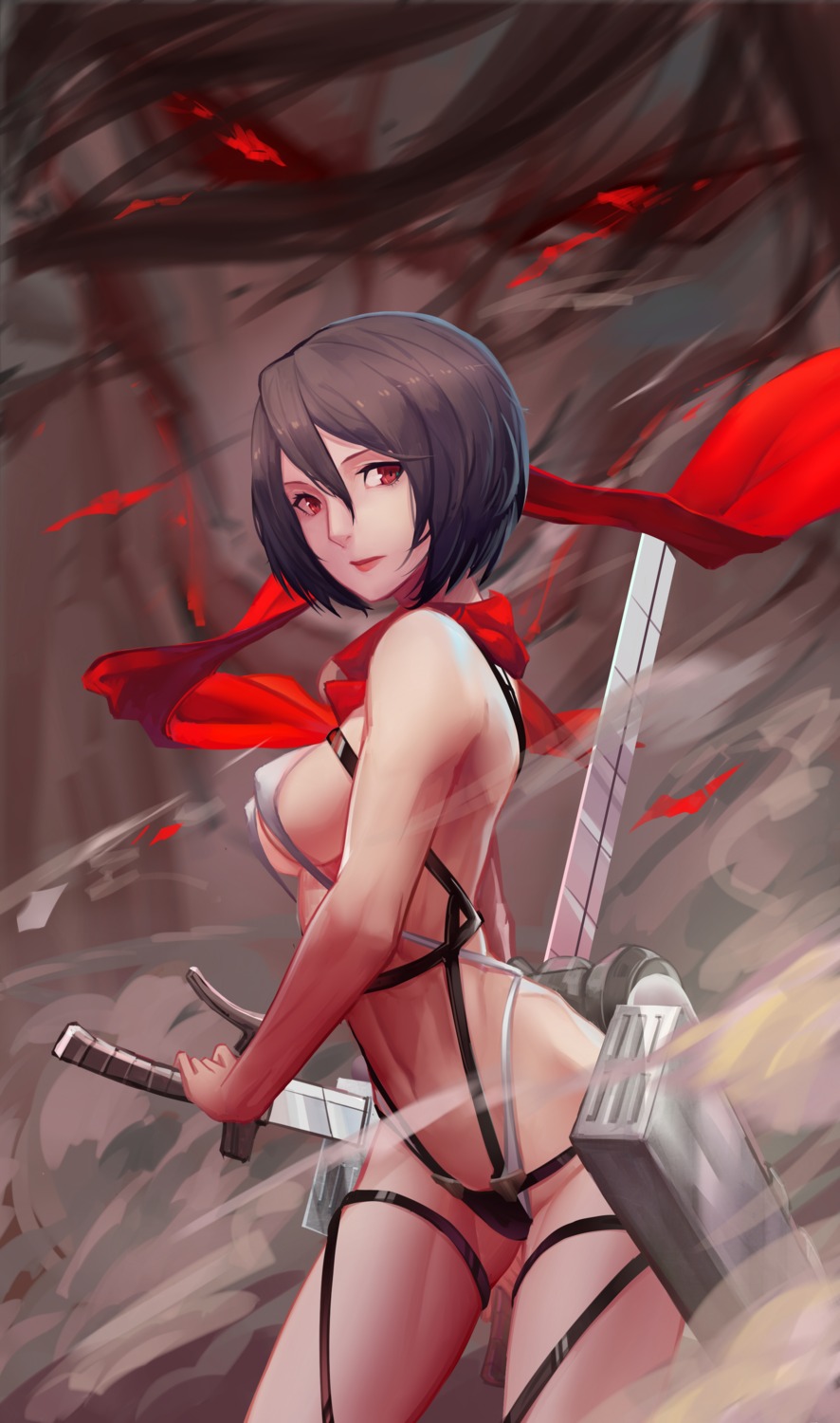 bikini erect_nipples eren_jaeger heihei_de_hei_yan_long mikasa_ackerman shingeki_no_kyojin swimsuits underboob