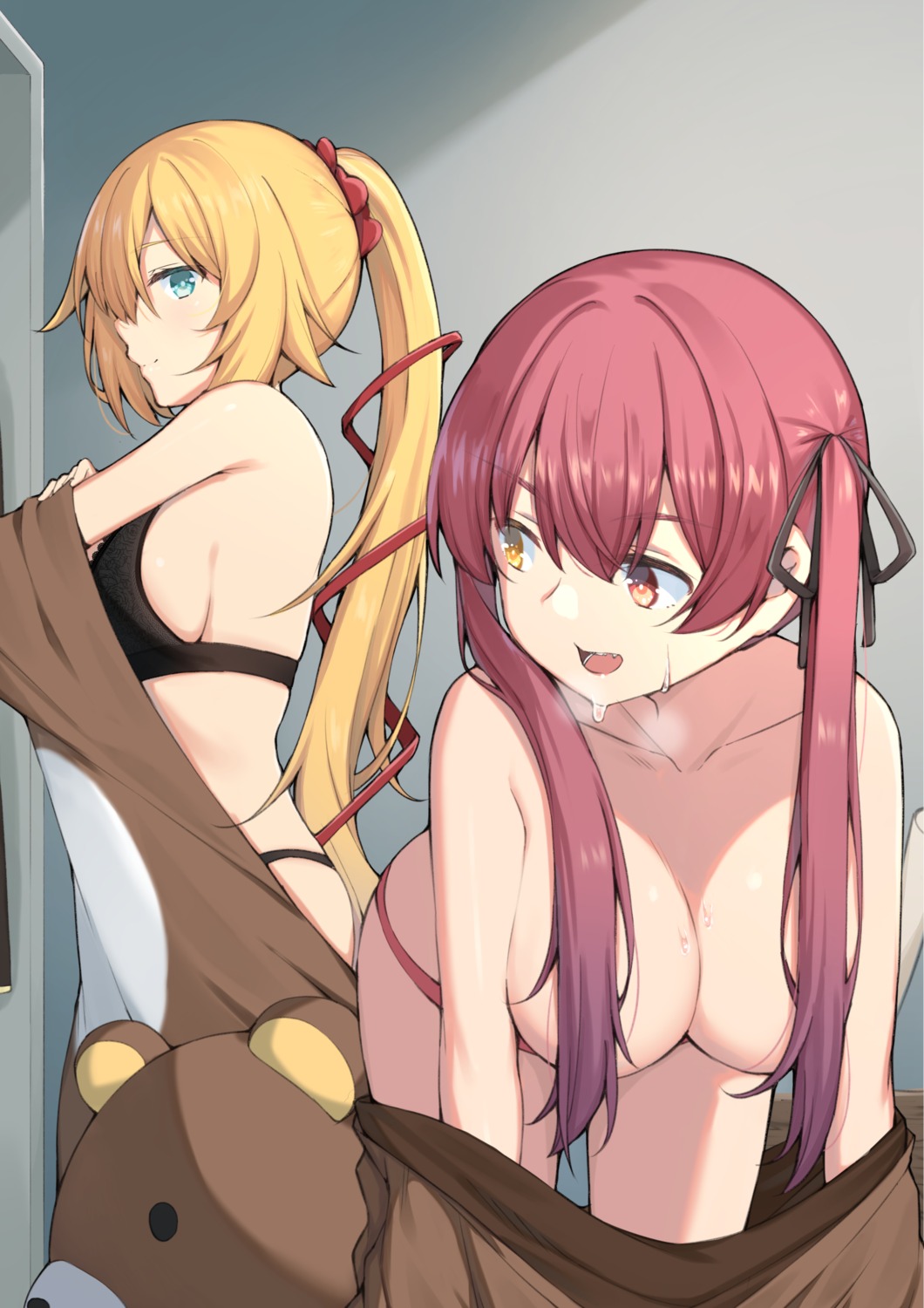 akai_haato bra heterochromia hololive houshou_marine kaname_(melaninusa09) no_bra pantsu undressing