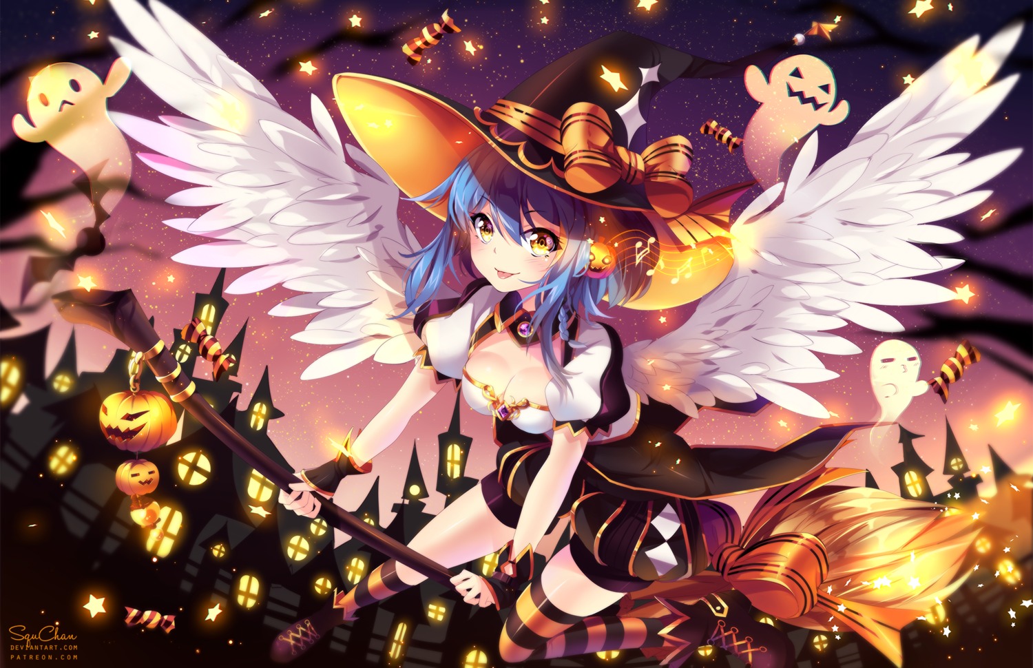 bloomers cleavage halloween heels squchan thighhighs wings witch