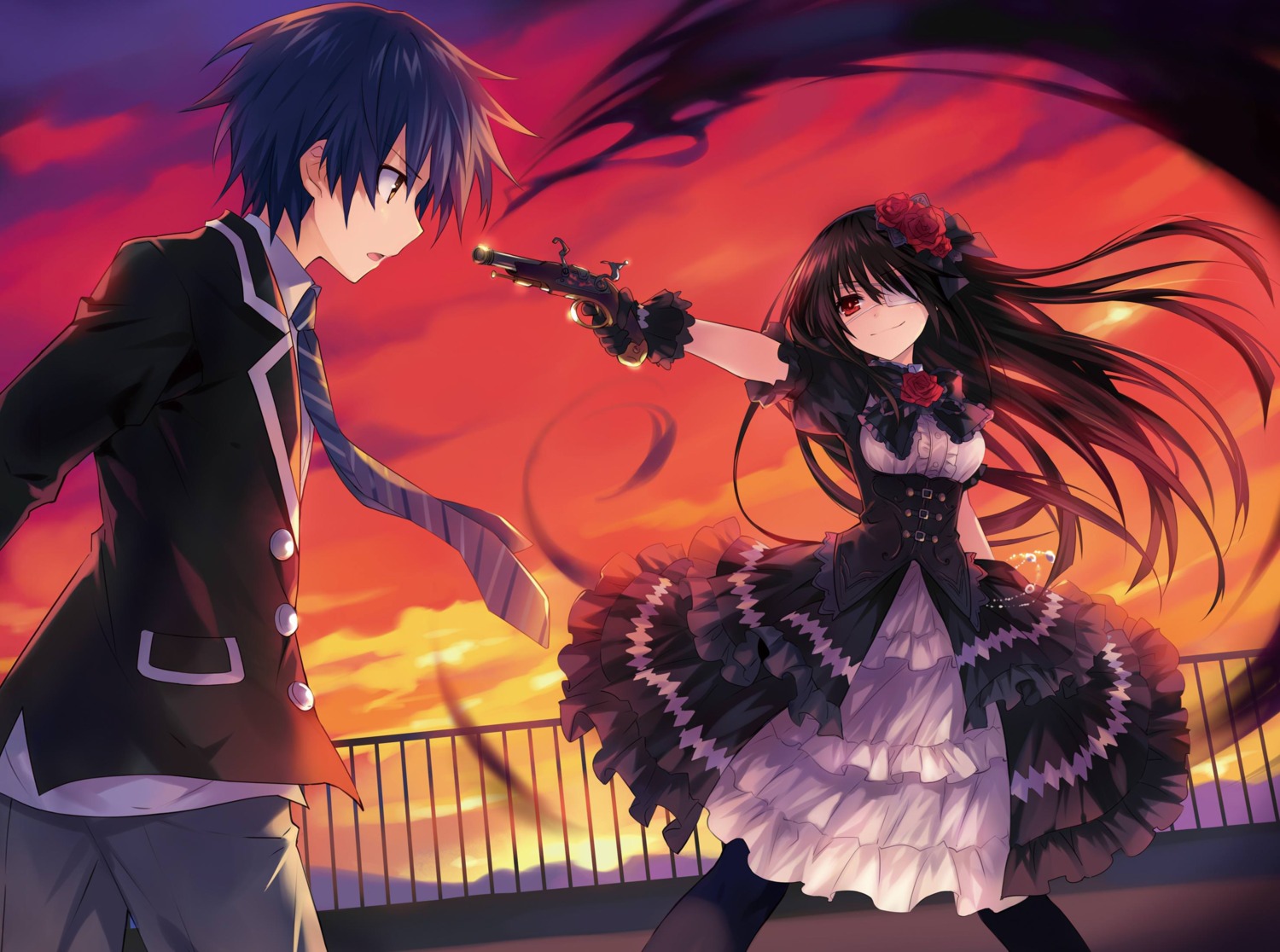 date_a_live detexted dress eyepatch gothic_lolita gun itsuka_shidou lolita_fashion seifuku tokisaki_kurumi tsunako