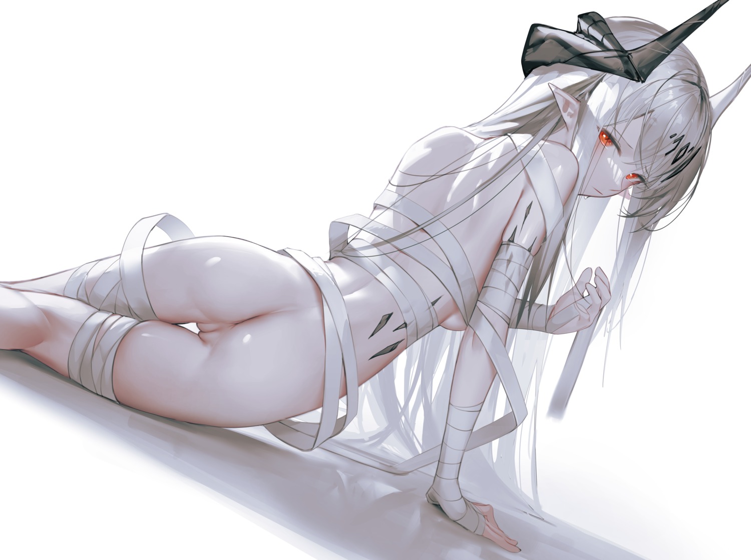 arknights ass bandages horns iumu mudrock_(arknights) naked_ribbon pointy_ears pussy uncensored