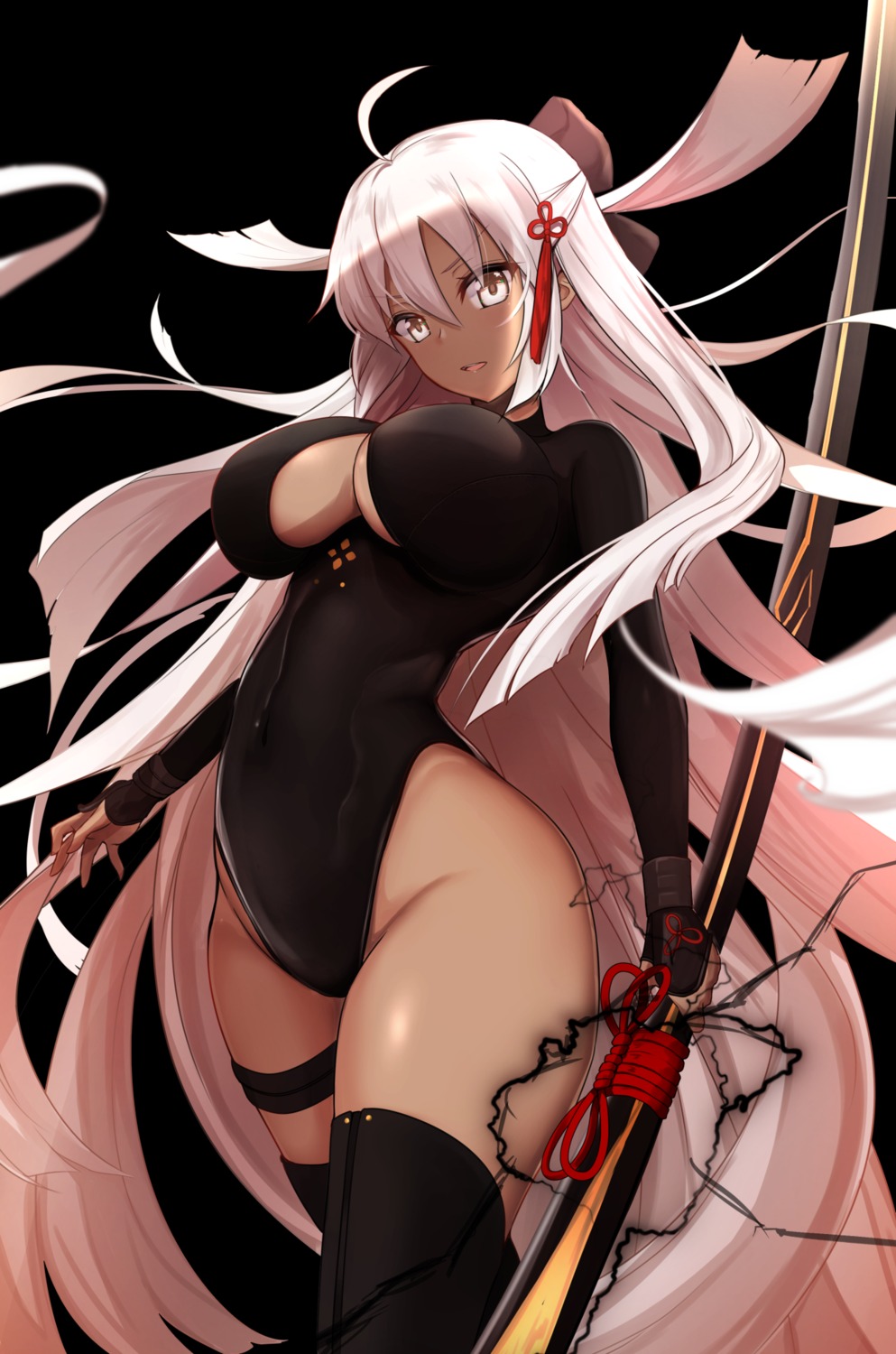 fate/grand_order garter leotard no_bra okita_souji_(alter)_(fate) sword thighhighs untsue