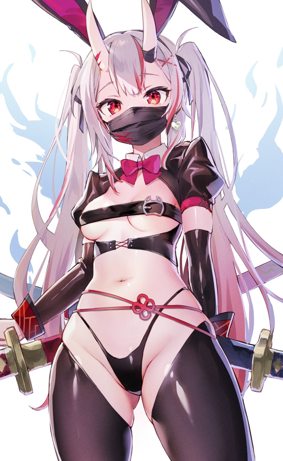 ayaoshiro garter hololive horns nakiri_ayame no_bra sword