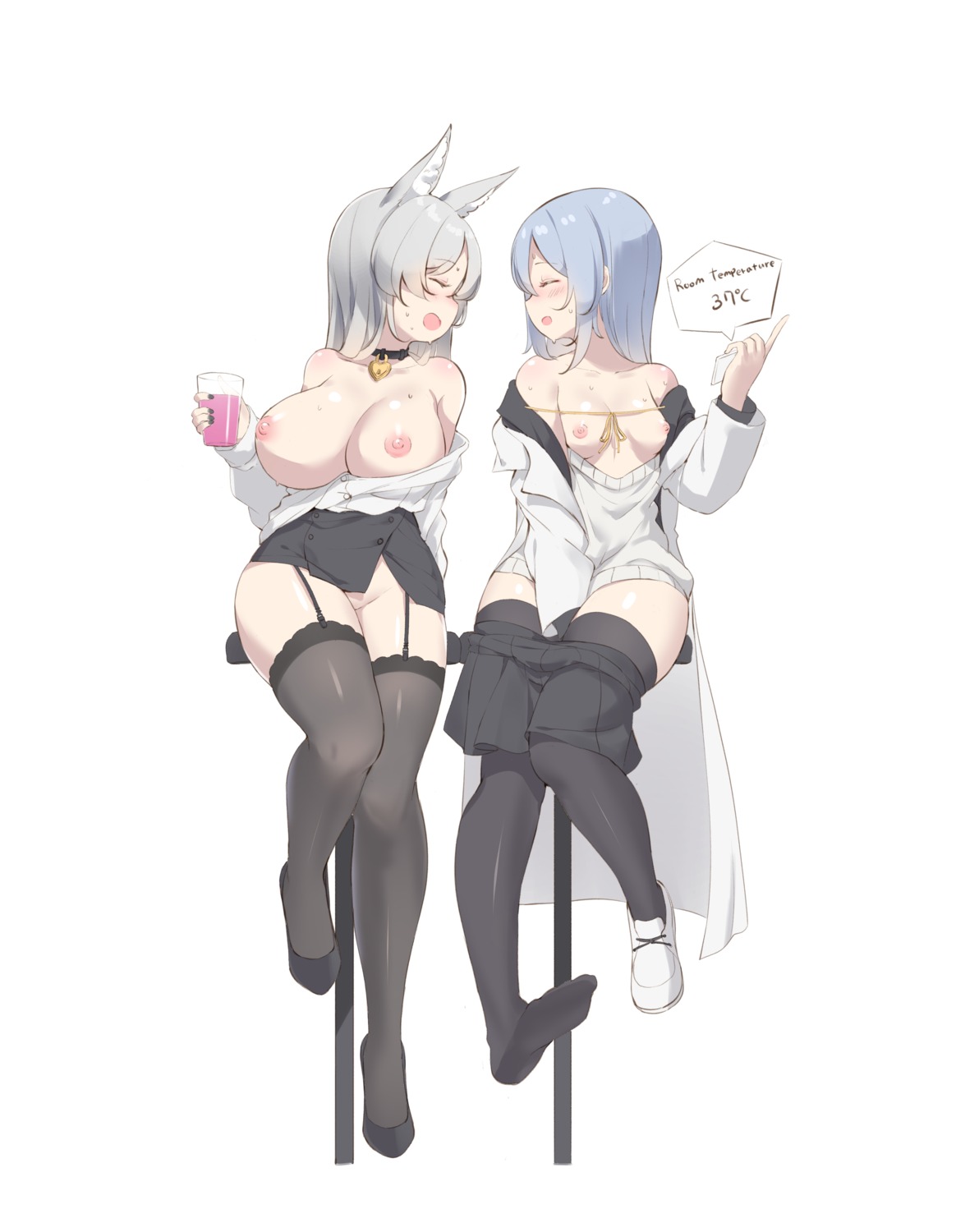 animal_ears breasts keibeam nipples no_bra nopan open_shirt stockings sweater thighhighs