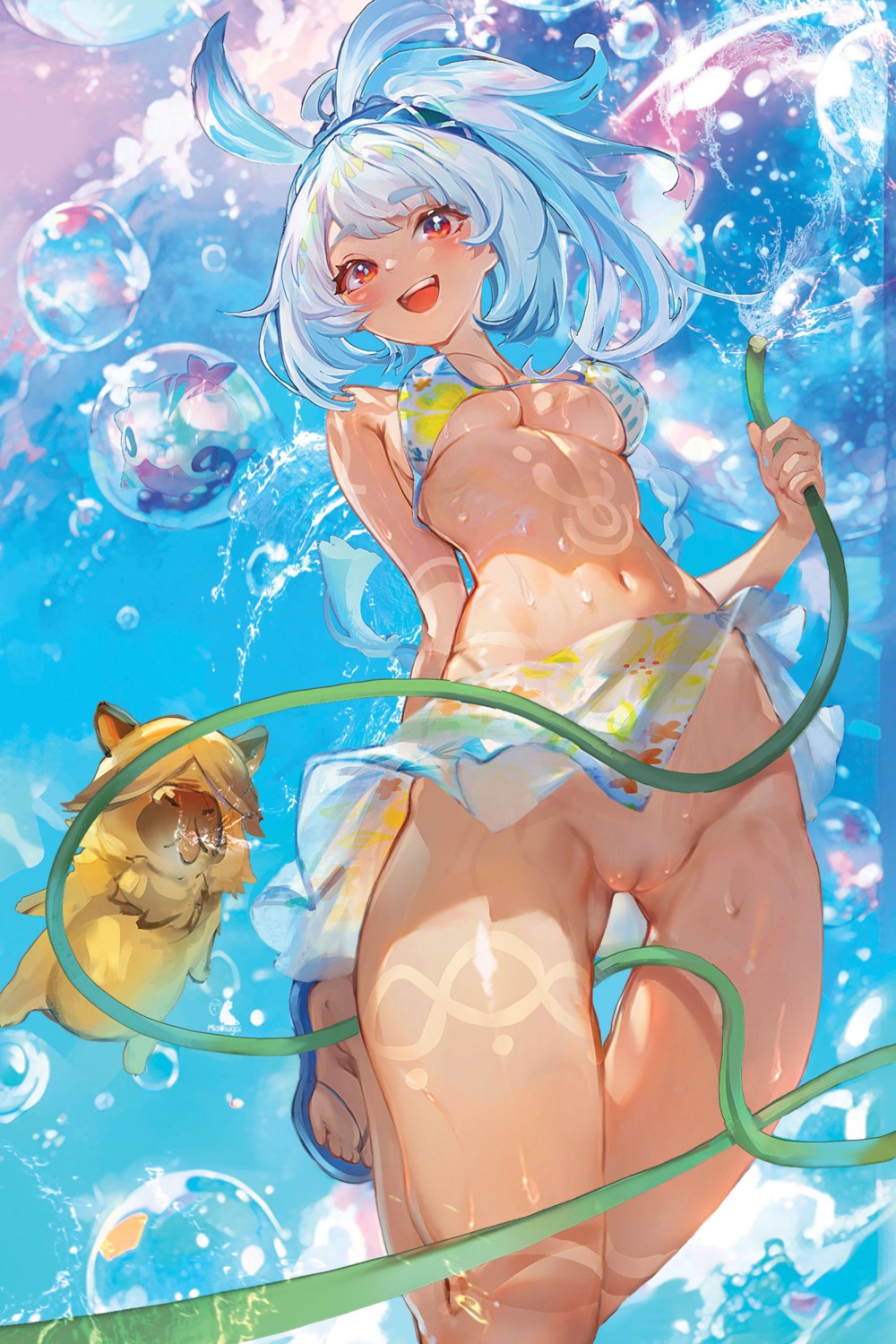 bikini_top genshin_impact miaosu mualani nopan pussy see_through skirt_lift swimsuits tattoo uncensored wet