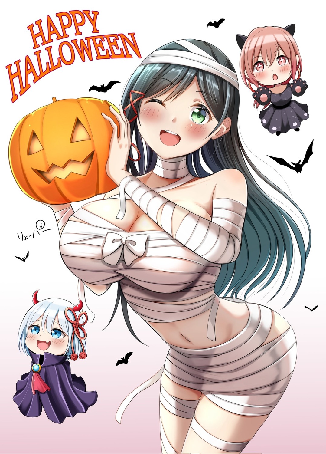 amagami-san_chi_no_enmusubi amagami_asahi amagami_yae amagami_yuna bandages chibi dress halloween horns naked_ribbon ryopa