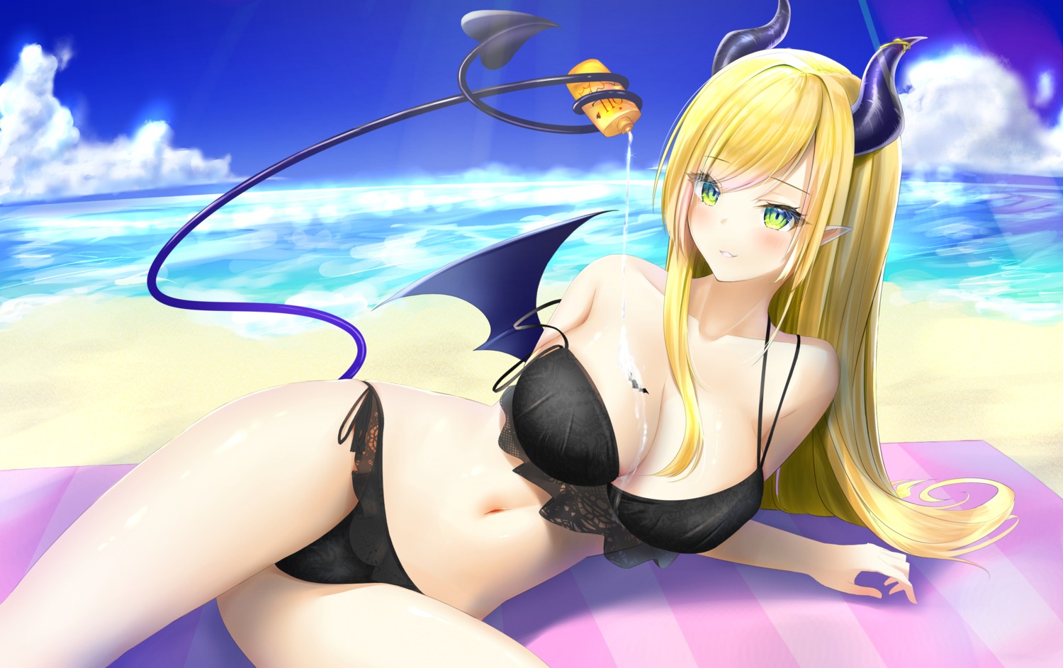 bikini cream hololive horns kon_(07263545) pointy_ears see_through swimsuits tail tattoo wings yuzuki_choco