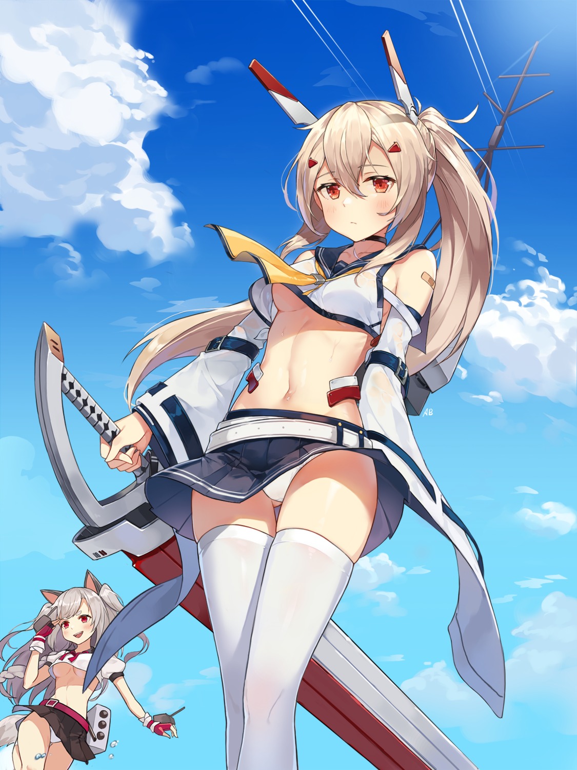 aliceblue animal_ears ayanami_(azur_lane) azur_lane bandaid no_bra pantsu seifuku shirt_lift skirt_lift sword tail thighhighs underboob weapon yuudachi_(azur_lane)