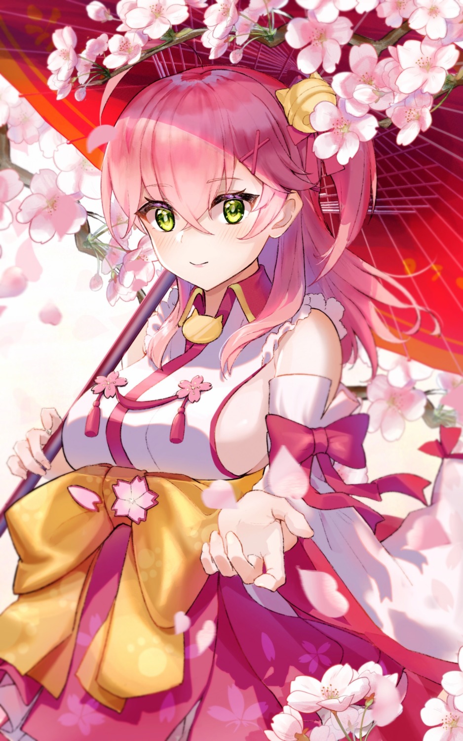 hololive japanese_clothes lims_(neko2lims) no_bra sakura_miko umbrella