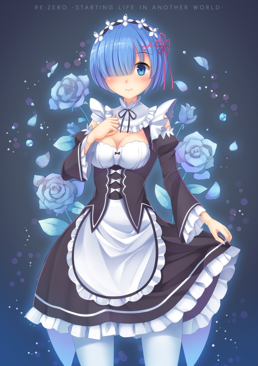 cleavage maid re_zero_kara_hajimeru_isekai_seikatsu rem_(re_zero) skirt_lift umitonakai