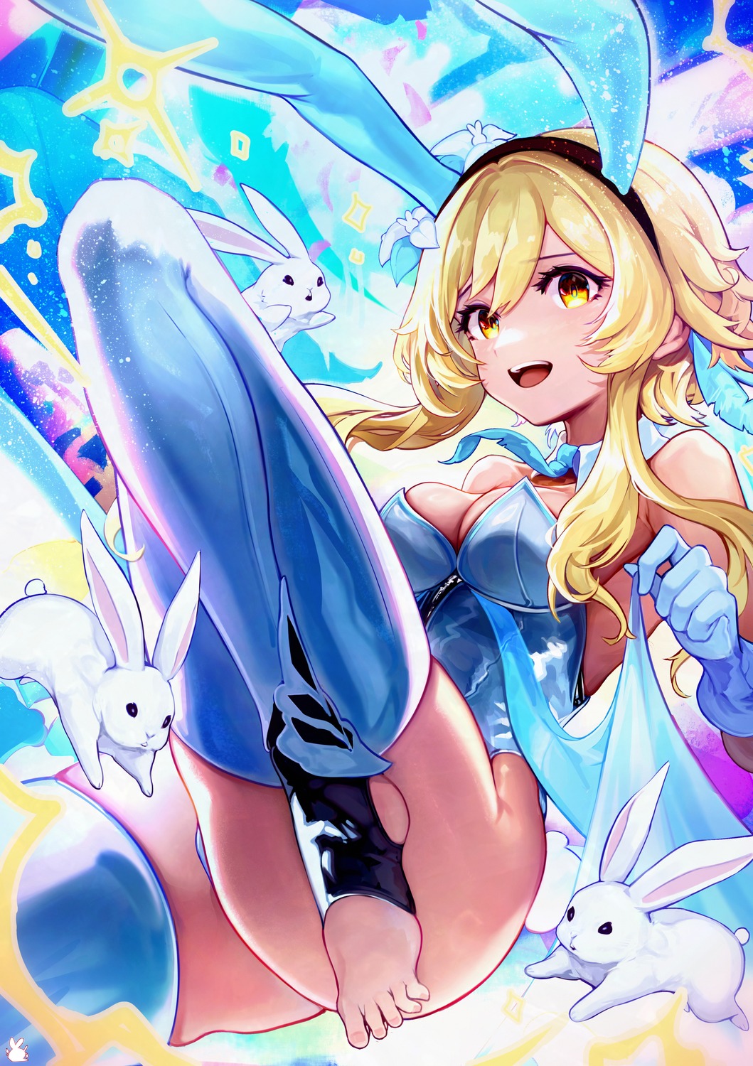 animal_ears bunny_ears bunny_girl genshin_impact lumine no_bra skyxperish tail thighhighs