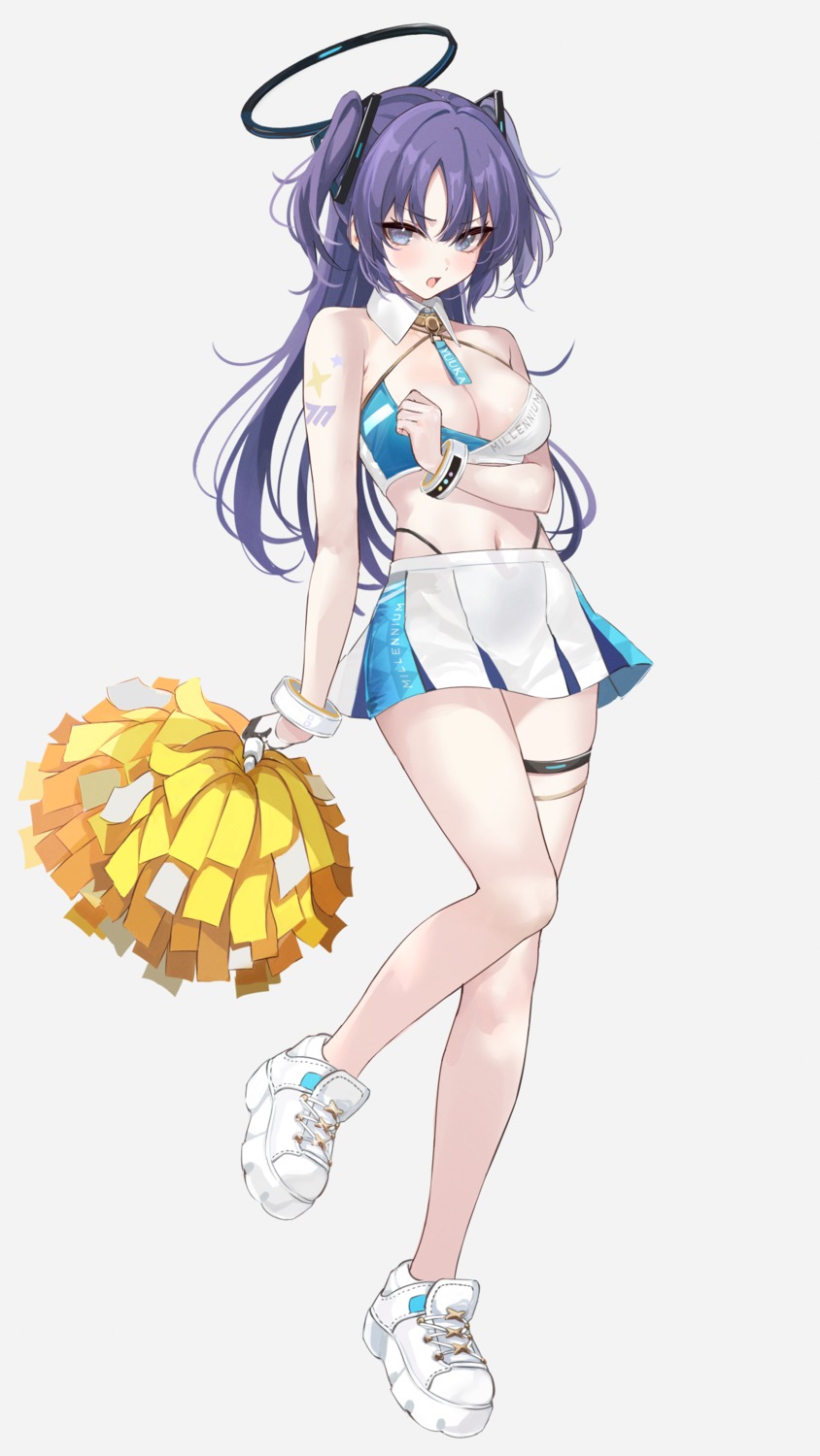 blue_archive cheerleader cosplay garter halo hayase_yuuka mexif nekozuka_hibiki no_bra tattoo