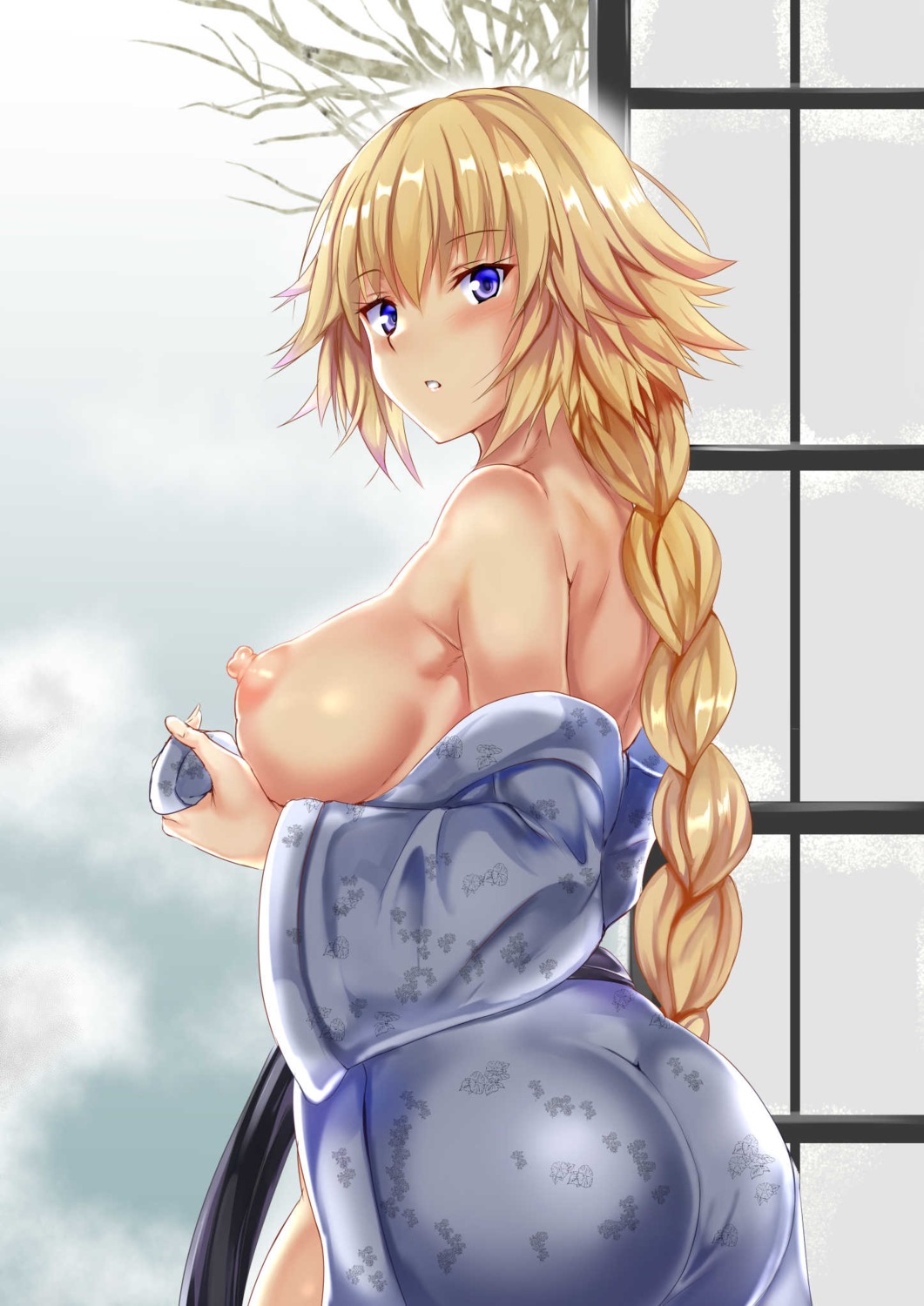 ass breast_hold breasts fate/apocrypha fate/stay_night jeanne_d'arc jeanne_d'arc_(fate) nipples no_bra open_shirt uchida_shou yukata