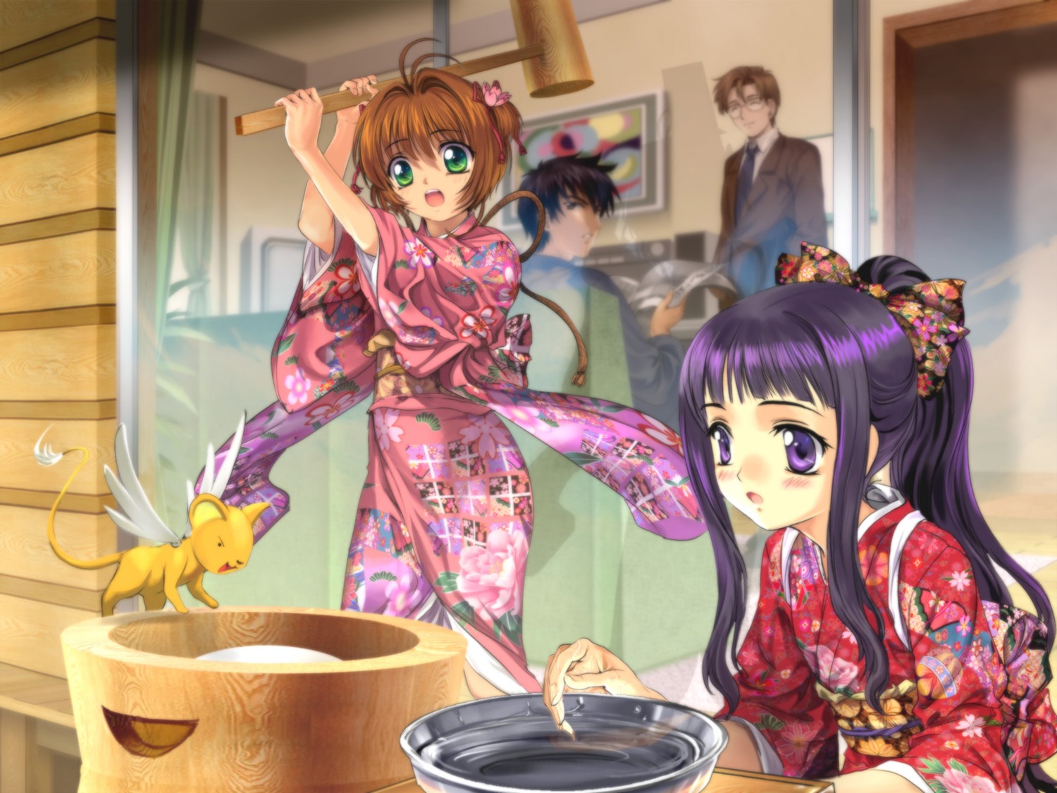 card_captor_sakura daidouji_tomoyo kerberos kinomoto_fujitaka kinomoto_sakura kinomoto_touya moonknives wallpaper yukata