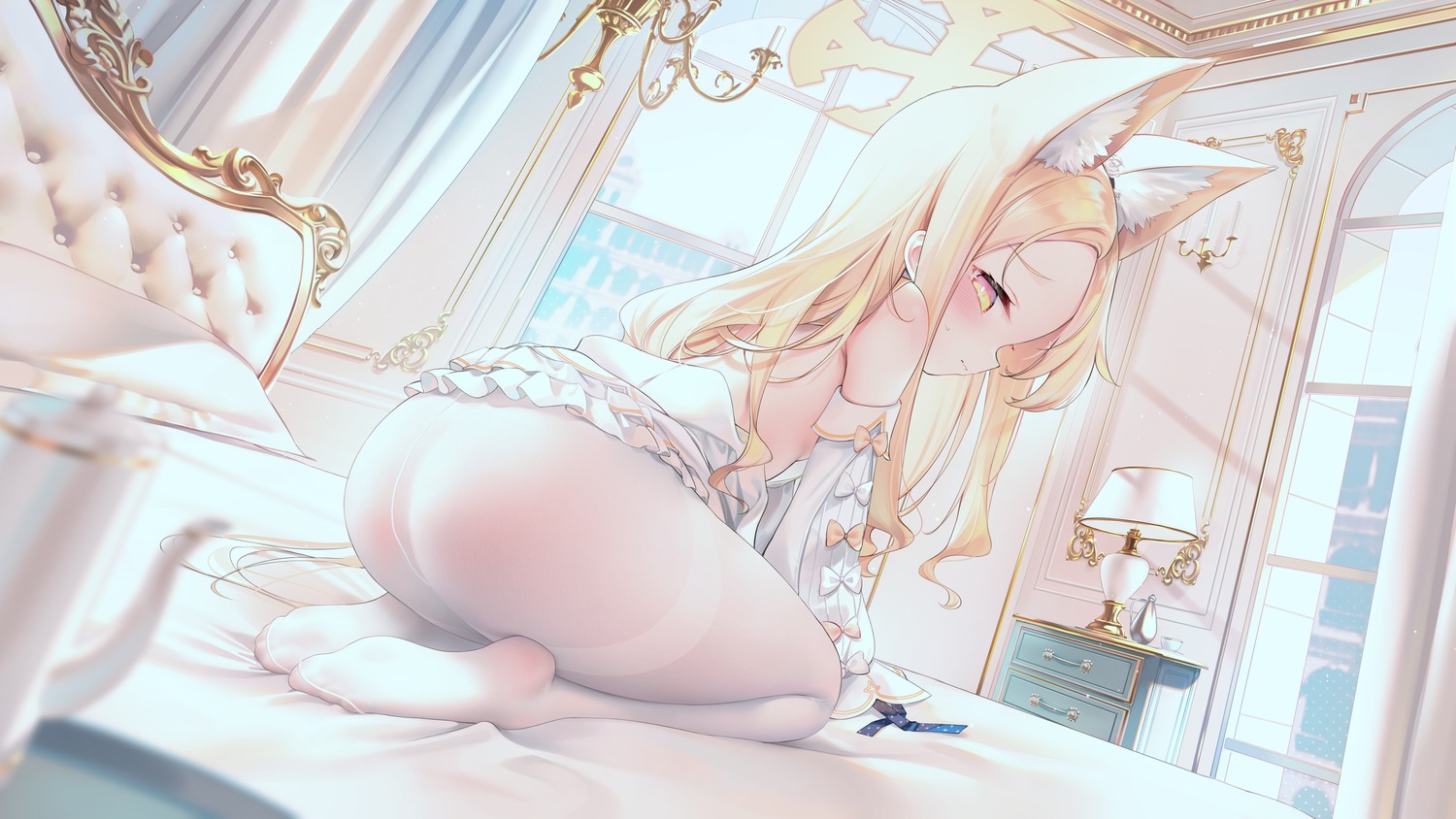 animal_ears ass blue_archive chen_bin halo loli no_bra nopan pantyhose see_through yurizono_seia