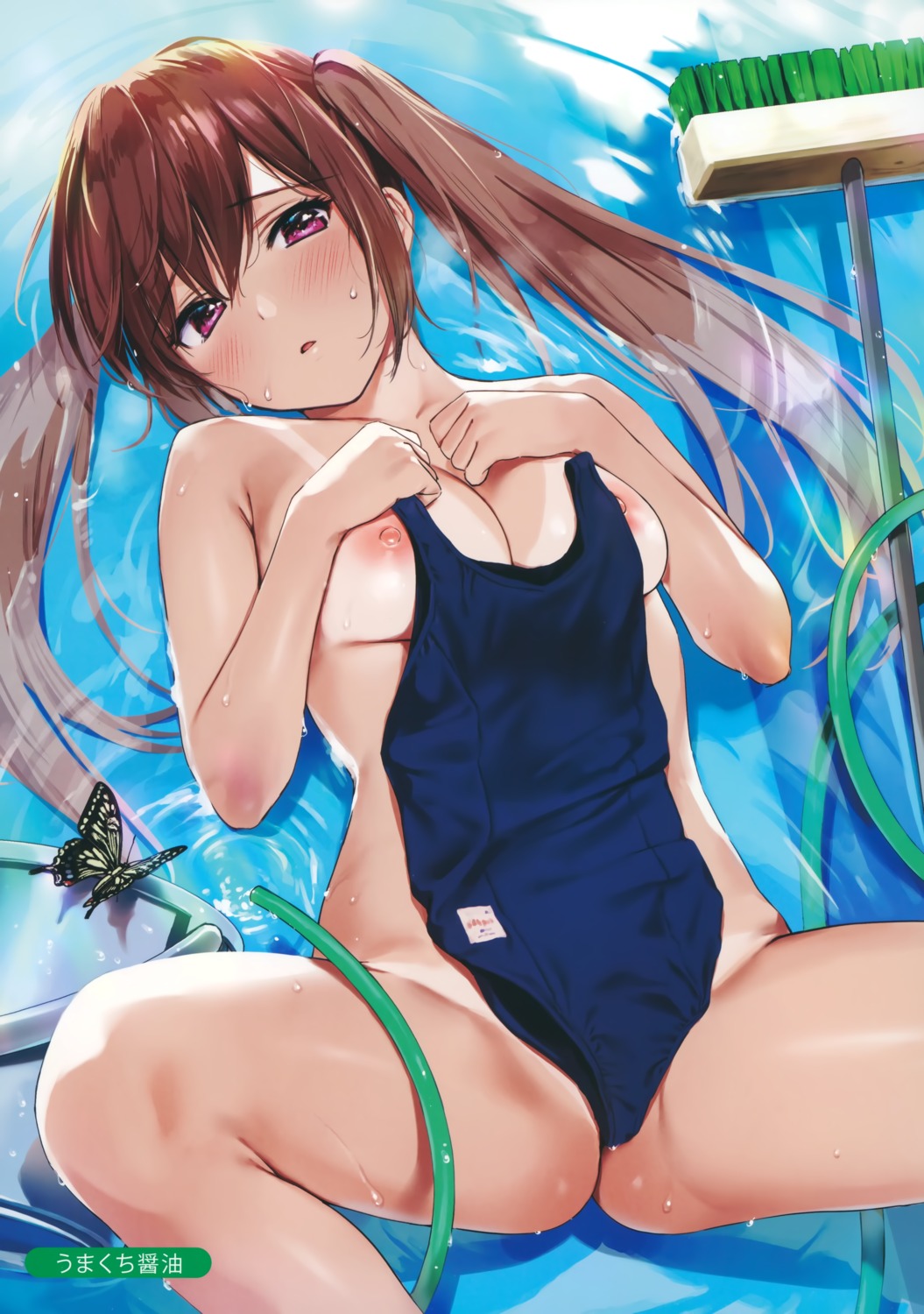 breast_hold melonbooks naked nipples school_swimsuit swimsuits tan_lines umakuchi_shouyu wet