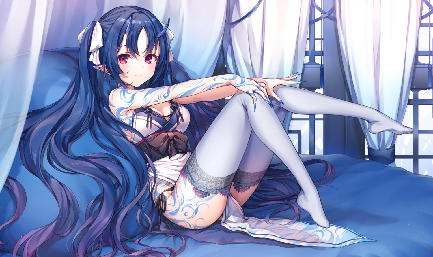 cleavage horns japanese_clothes komeshiro_kasu pantsu pointy_ears string_panties tattoo thighhighs