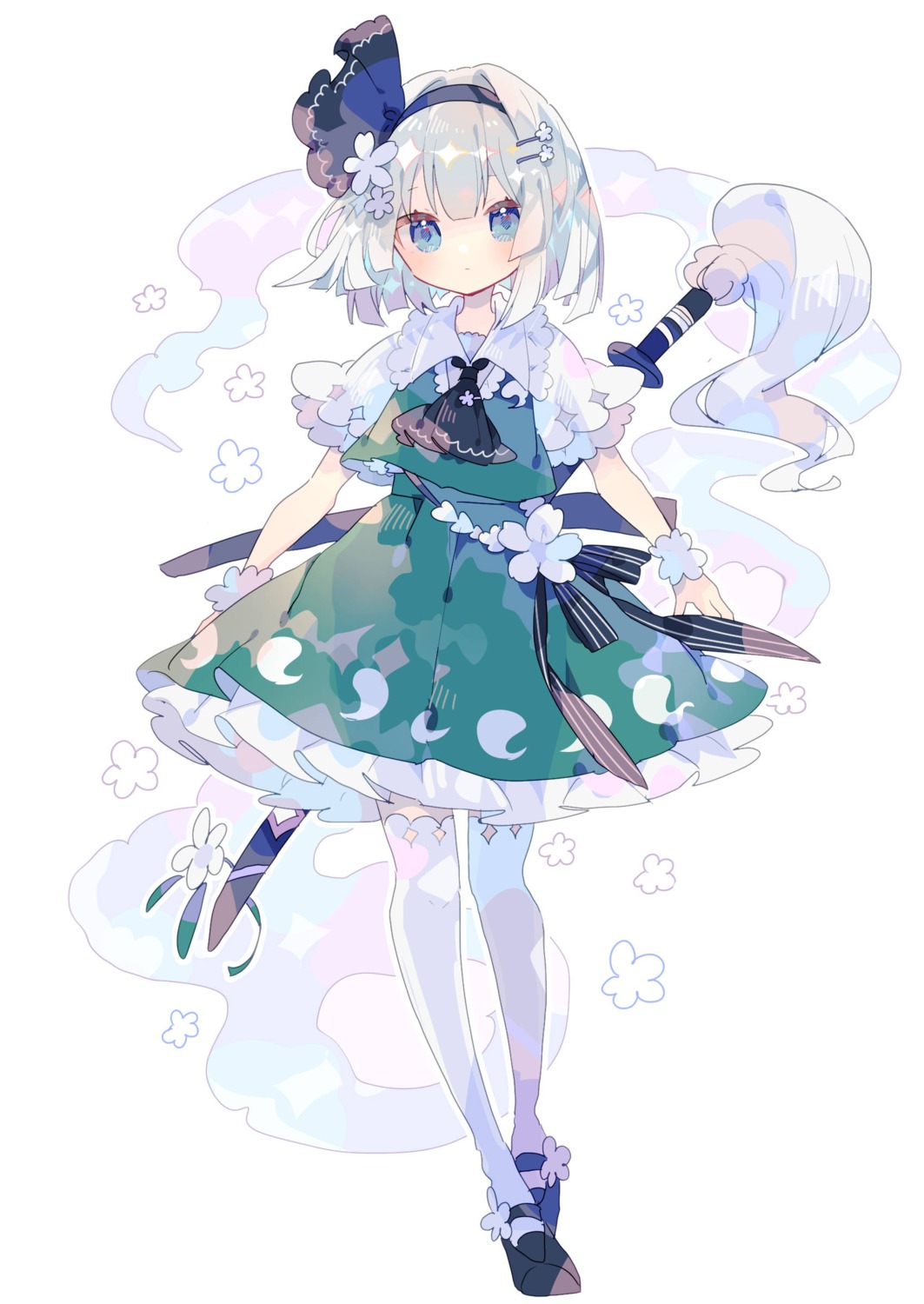 konpaku_youmu myon nikorashika seifuku skirt_lift sword thighhighs touhou