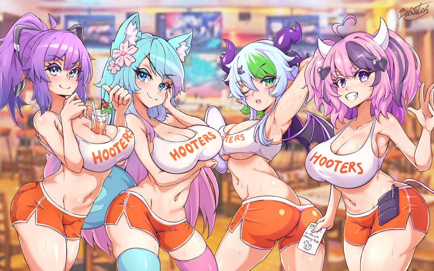 animal_ears apricot_(froot) ass bebatch hooters horns ironmouse melody_(projektmelody) no_bra projekt_melody silvervale tail thighhighs uniform vshojo waitress wings