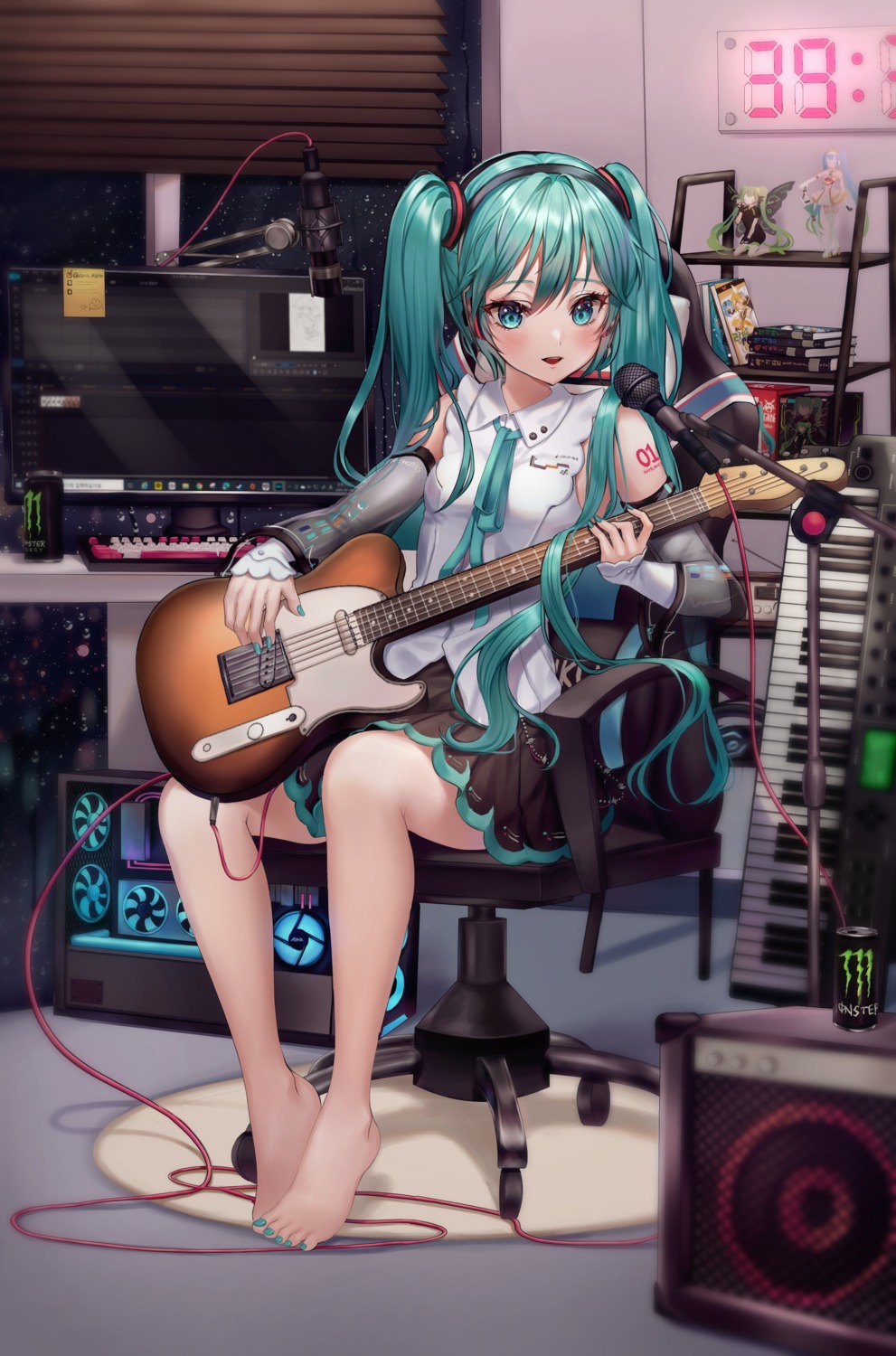 aina_156cm guitar hatsune_miku headphones skirt_lift tattoo vocaloid