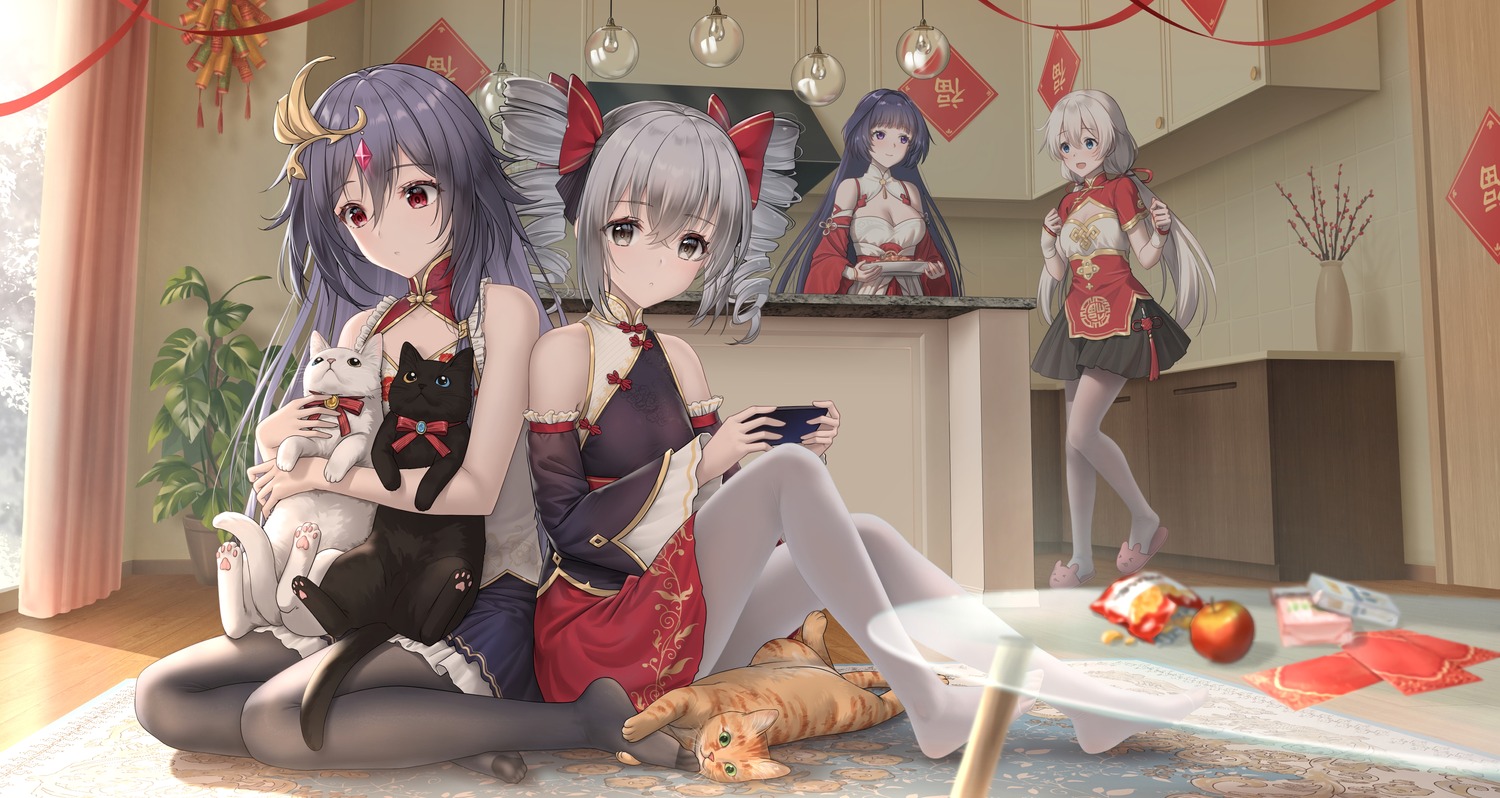 asian_clothes benghuai_xueyuan bronya_zaychik cleavage fu_hua haneru honkai_impact kiana_kaslana neko pantyhose raiden_mei skirt_lift