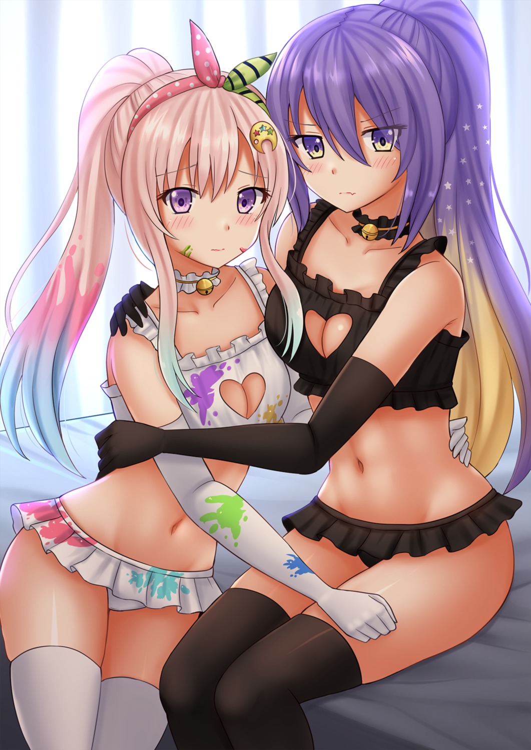 airani_iofifteen bra cleavage hololive hololive_indonesia kazenokaze moona_hoshinova pantsu thighhighs