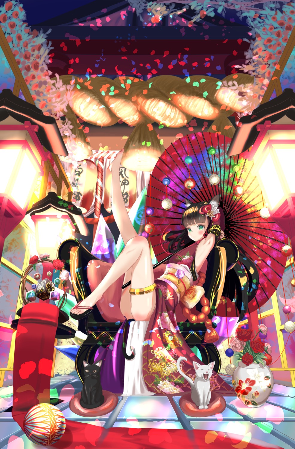 animal_ears garter japanese_clothes neko nekomimi skirt_lift tail umbrella wanderlucia