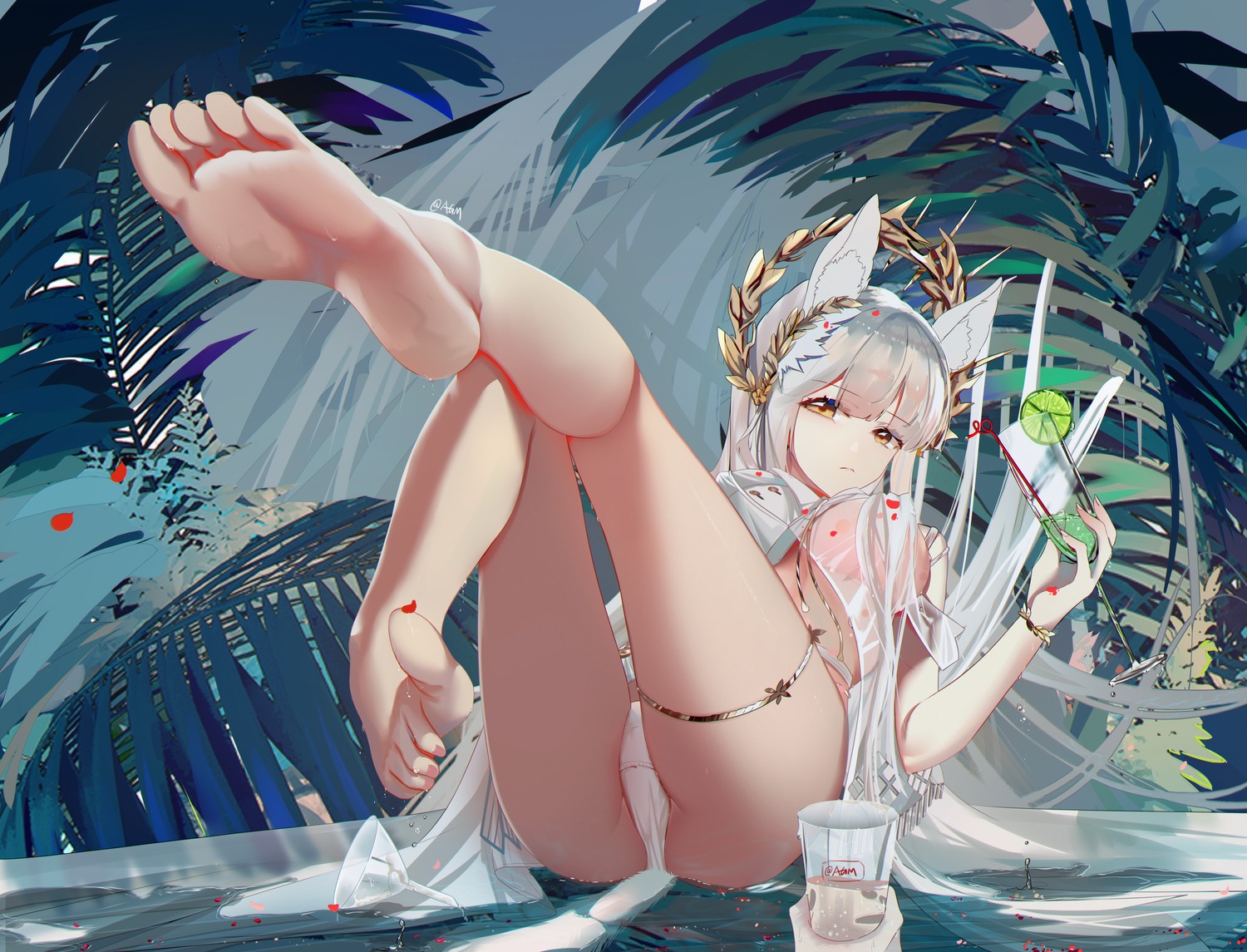 animal_ears arknights feet garter no_bra omone_hokoma_agm pantsu platinum_(arknights) see_through tail