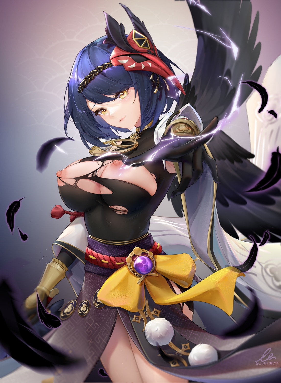 genshin_impact japanese_clothes kujou_sara liu_liaoliao nipples no_bra torn_clothes wings