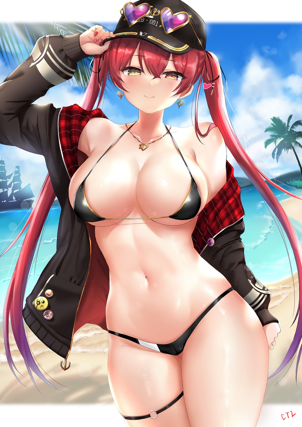 bikini cyicheng garter heterochromia hololive houshou_marine megane open_shirt swimsuits