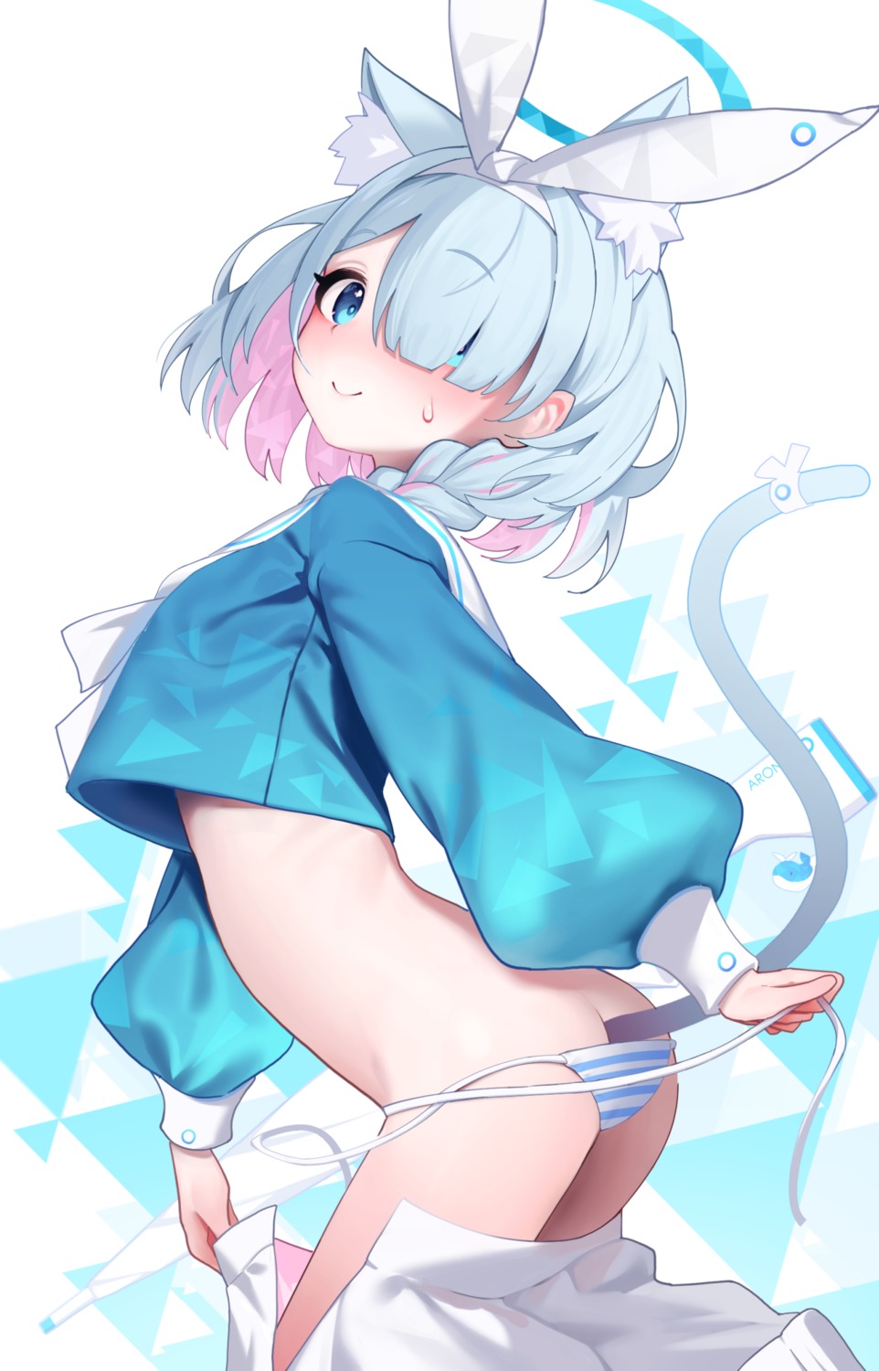 animal_ears arona_(blue_archive) ass blue_archive bunny_ears halo loli nekomimi pantsu prem_(user_htrd4732) seifuku shimapan string_panties tail undressing