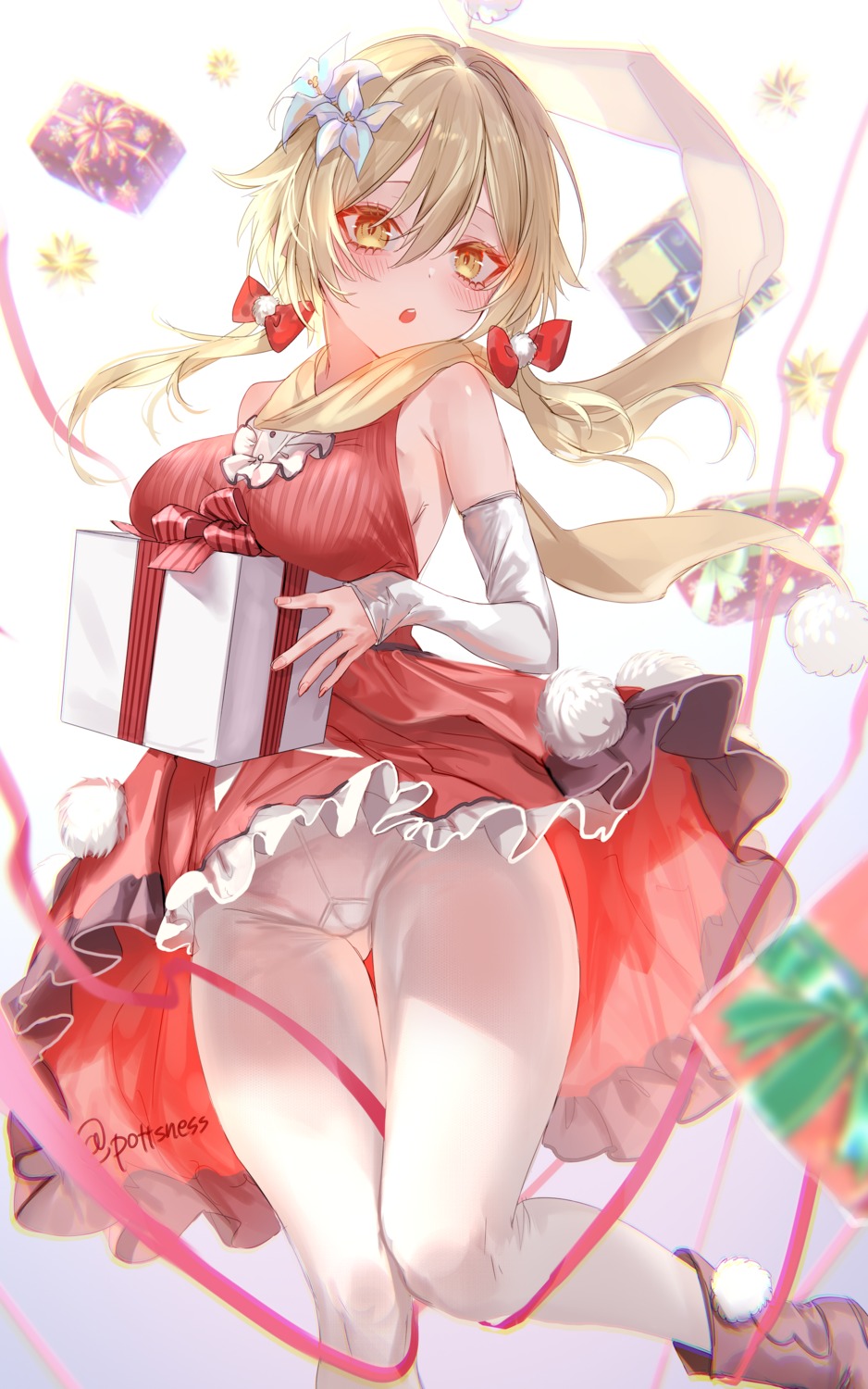 christmas genshin_impact lumine no_bra pantsu pantyhose pottsness skirt_lift