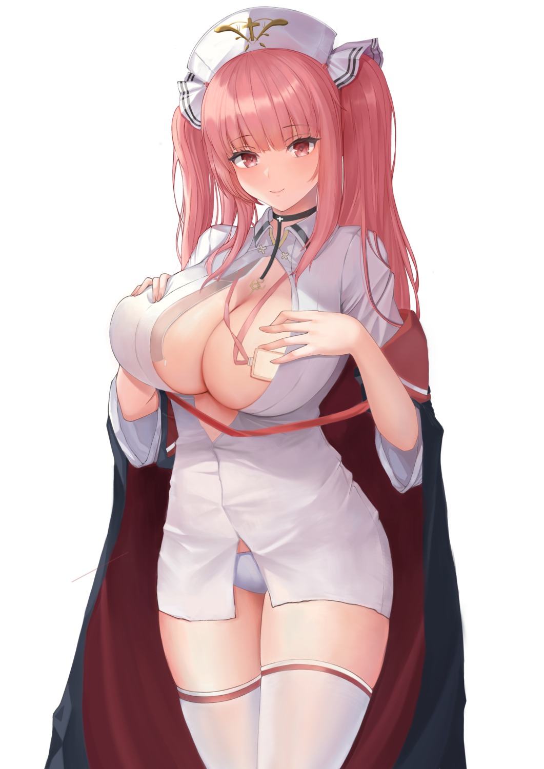 $hu azur_lane breast_hold no_bra nurse open_shirt pantsu perseus_(azur_lane) thighhighs