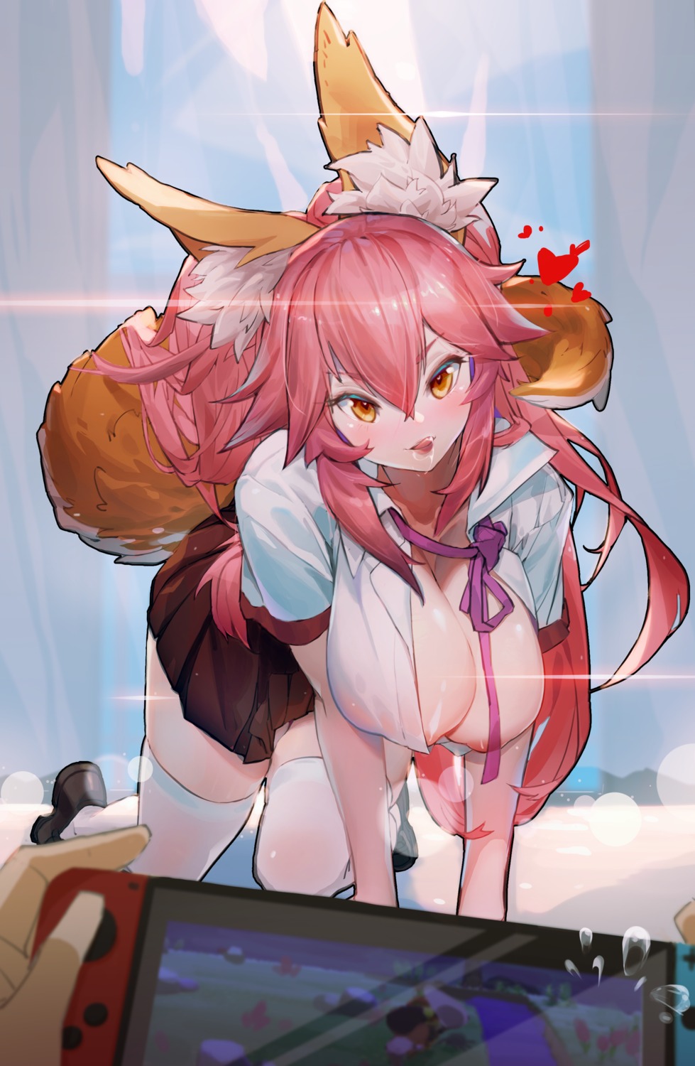 animal_ears breasts fate/grand_order kitsune nipples no_bra nox13 open_shirt see_through seifuku tail tamamo_no_mae thighhighs